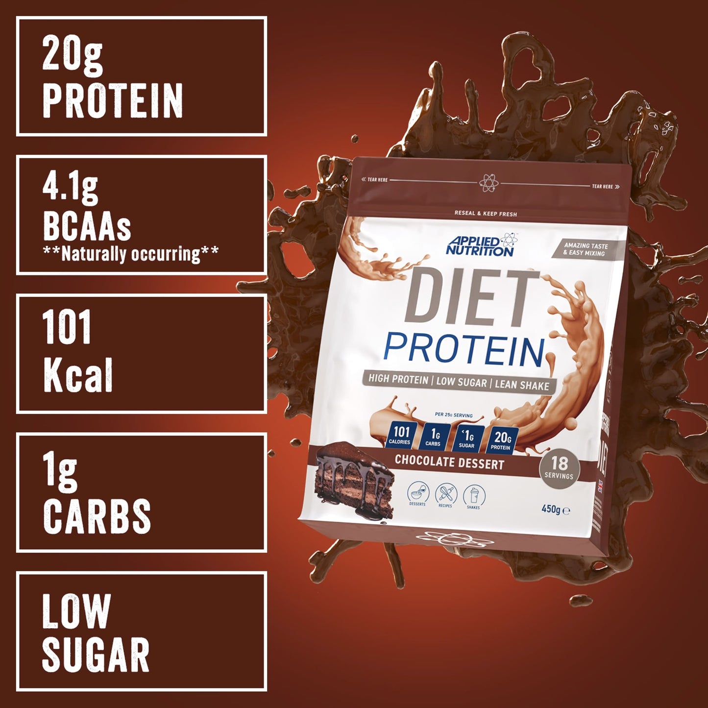 Applied Nutrition Diet Protein Powder Chocolate Dessert 450g — image 2