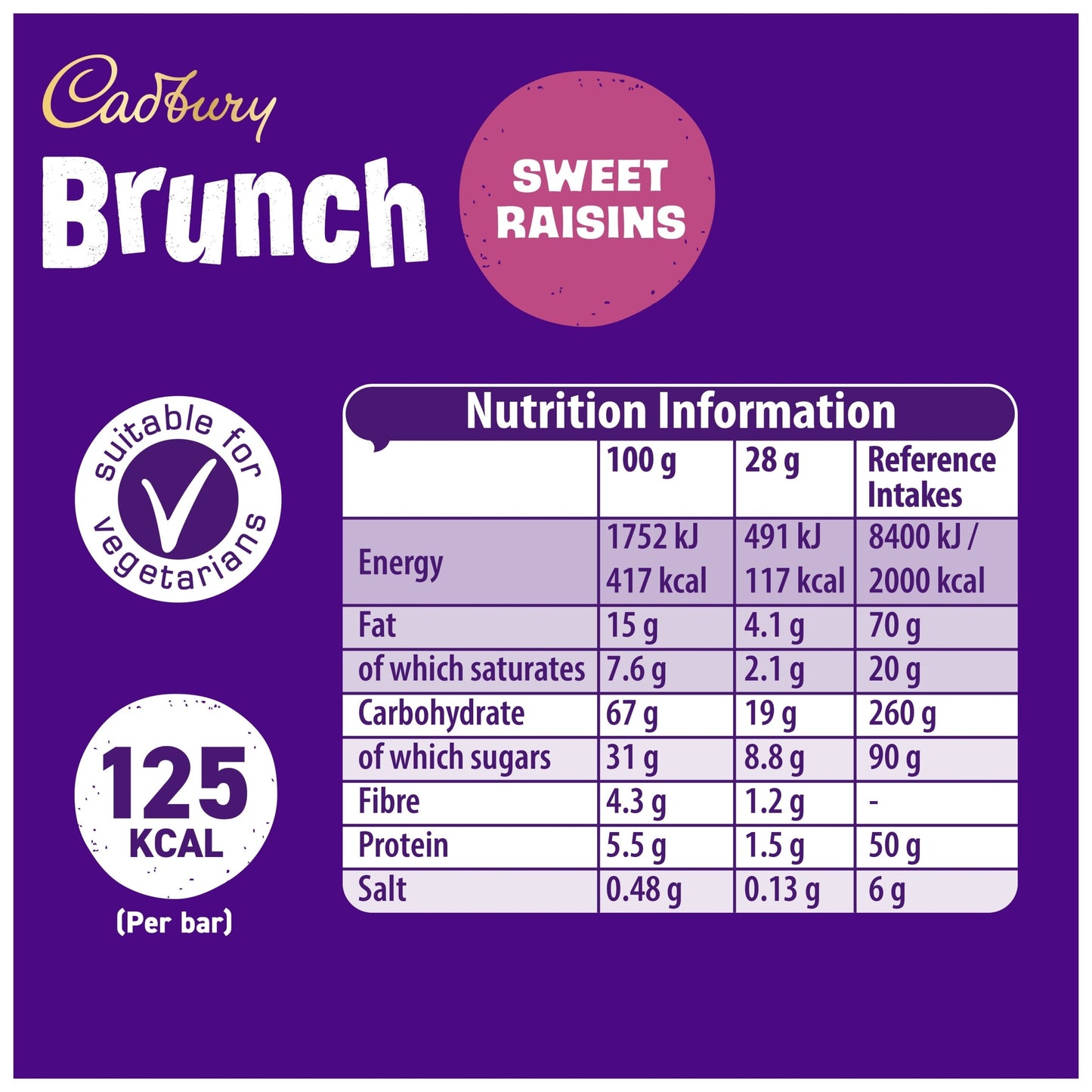 Cadbury Brunch Sweet Raisins 4 X 28g 4x28g pack shot