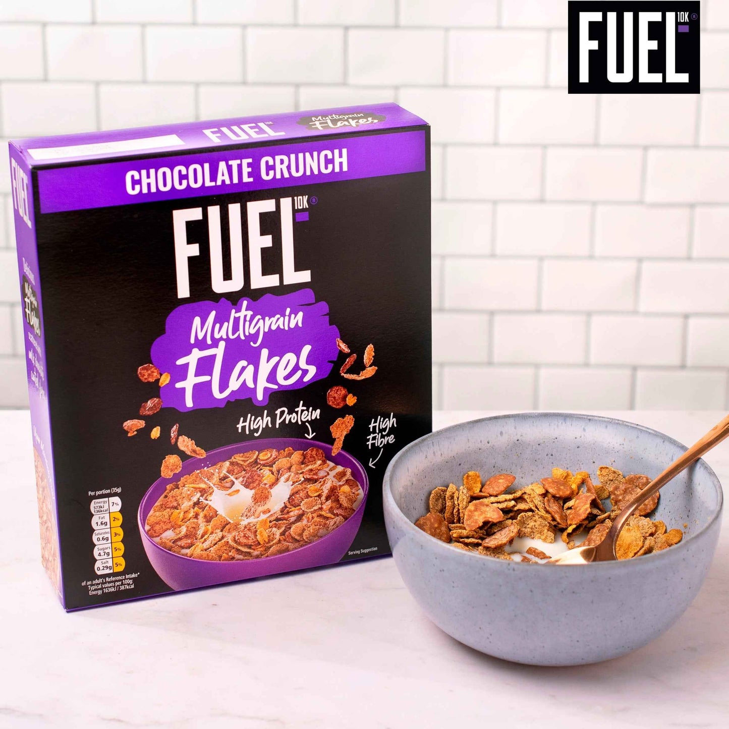 FUEL10k Chocolate Multigrain Flakes High Protein Breakfast Cereal 350g pack shot