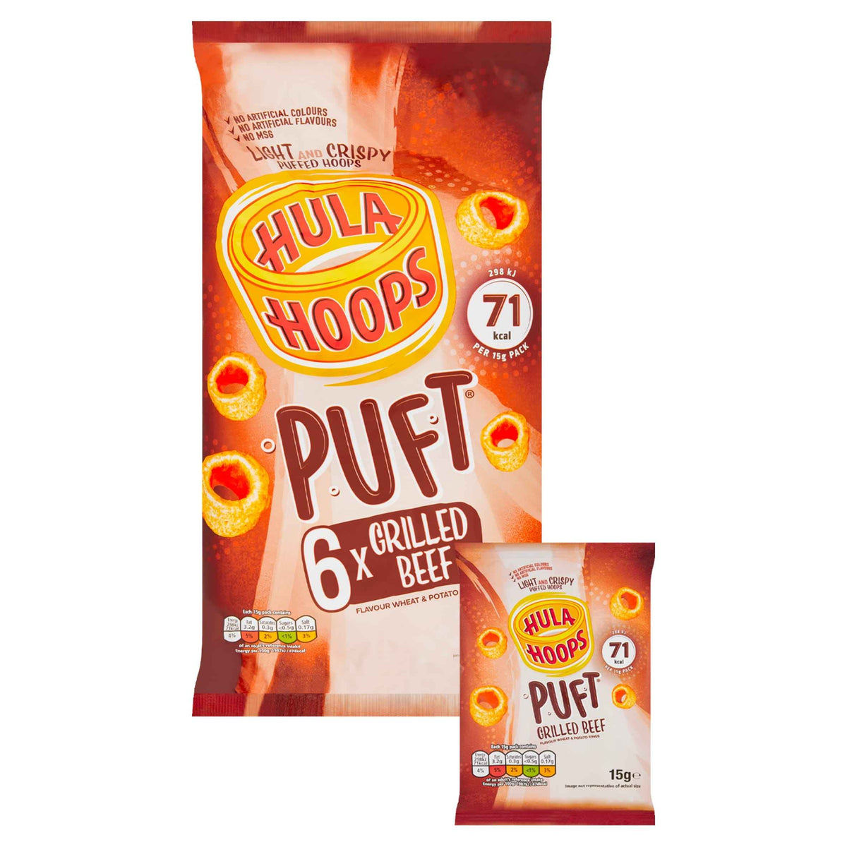 HULA HOOPS Puft Grilled Beef Multipack Crisps 6x15g 6x15g pack shot