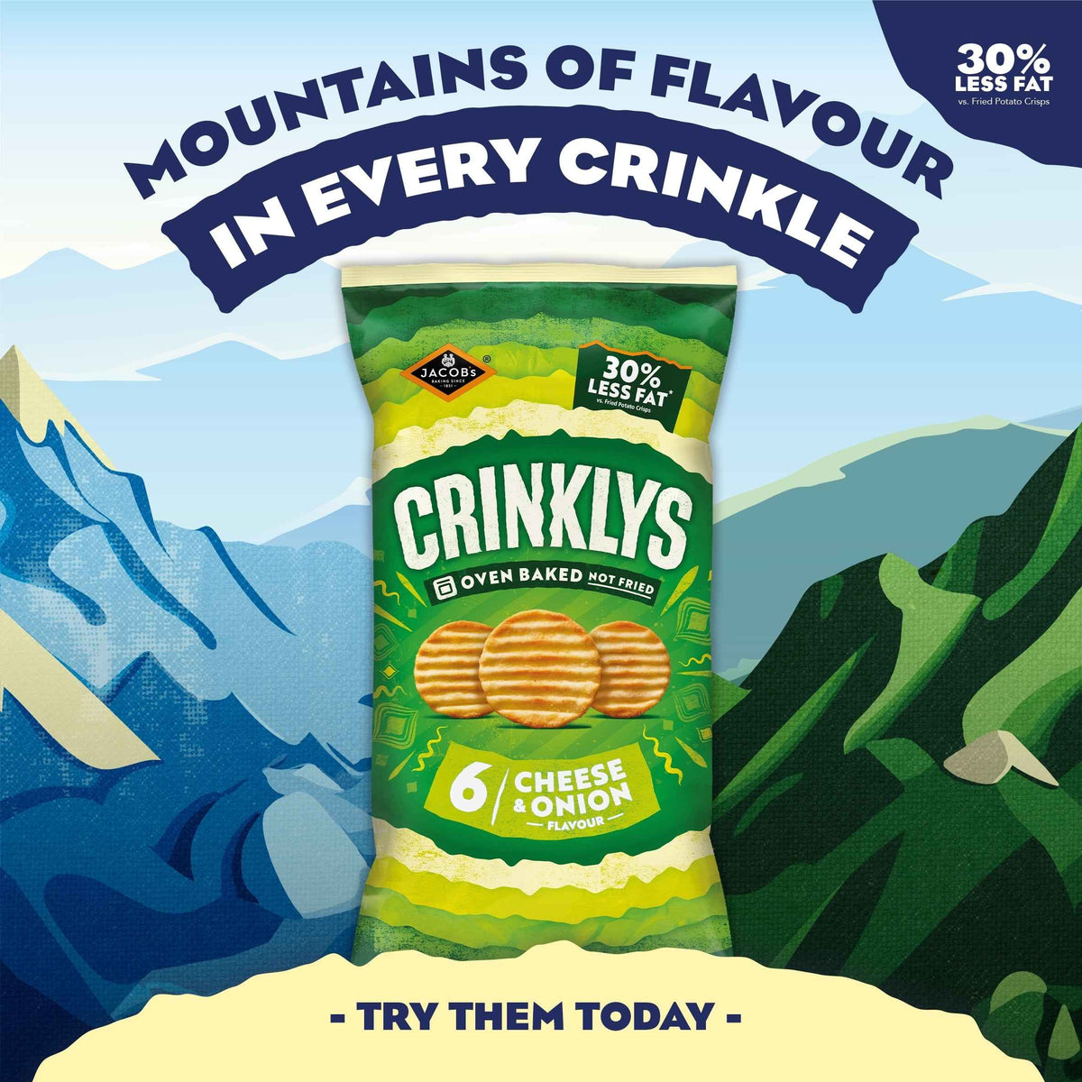 JACOB'S Crinklys Cheese & Onion 30% Less Fat Multipack Snacks 6x23g 6x23g pack shot