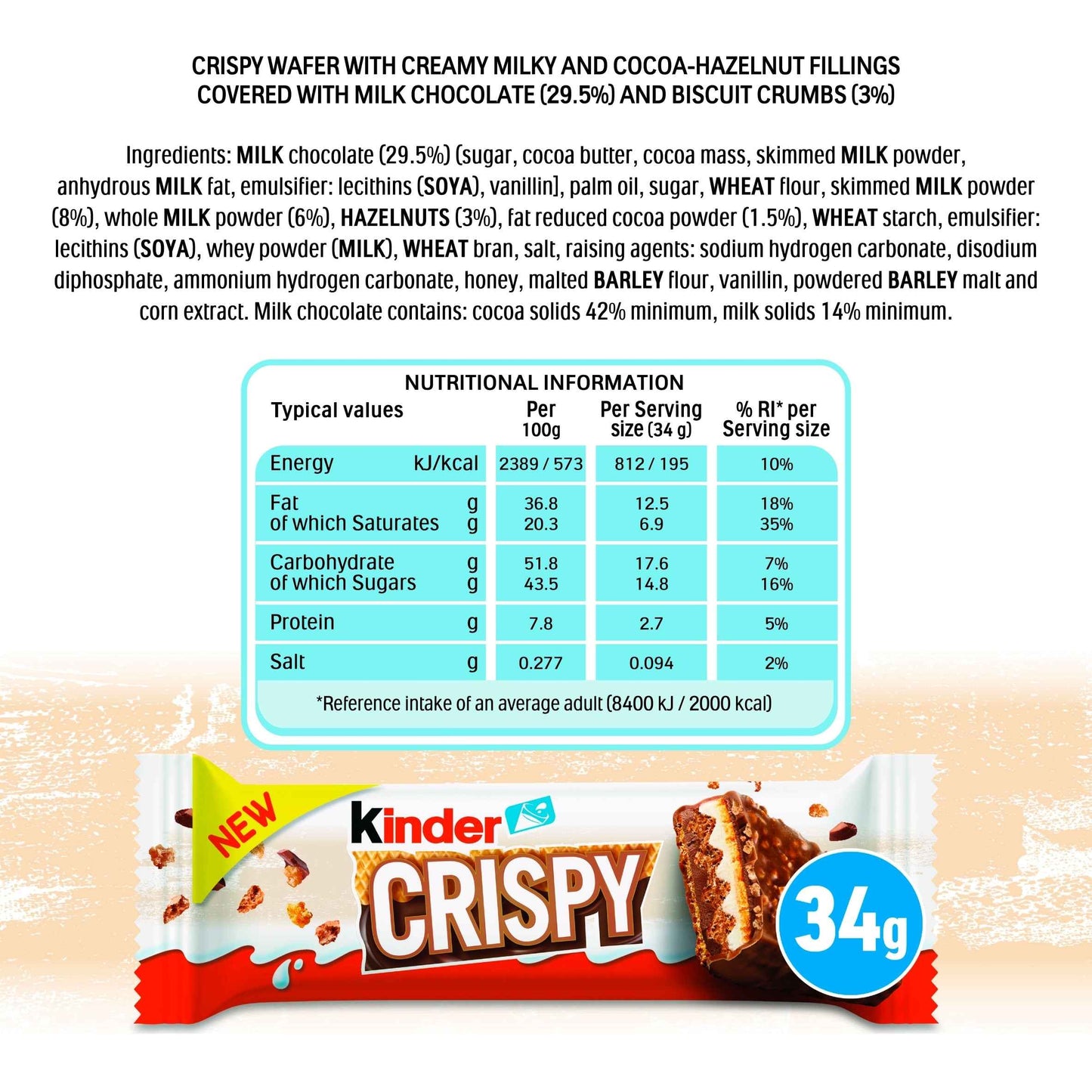 KINDER Crispy Wafer, Chocolate & Hazelnut Bar 34g gallery