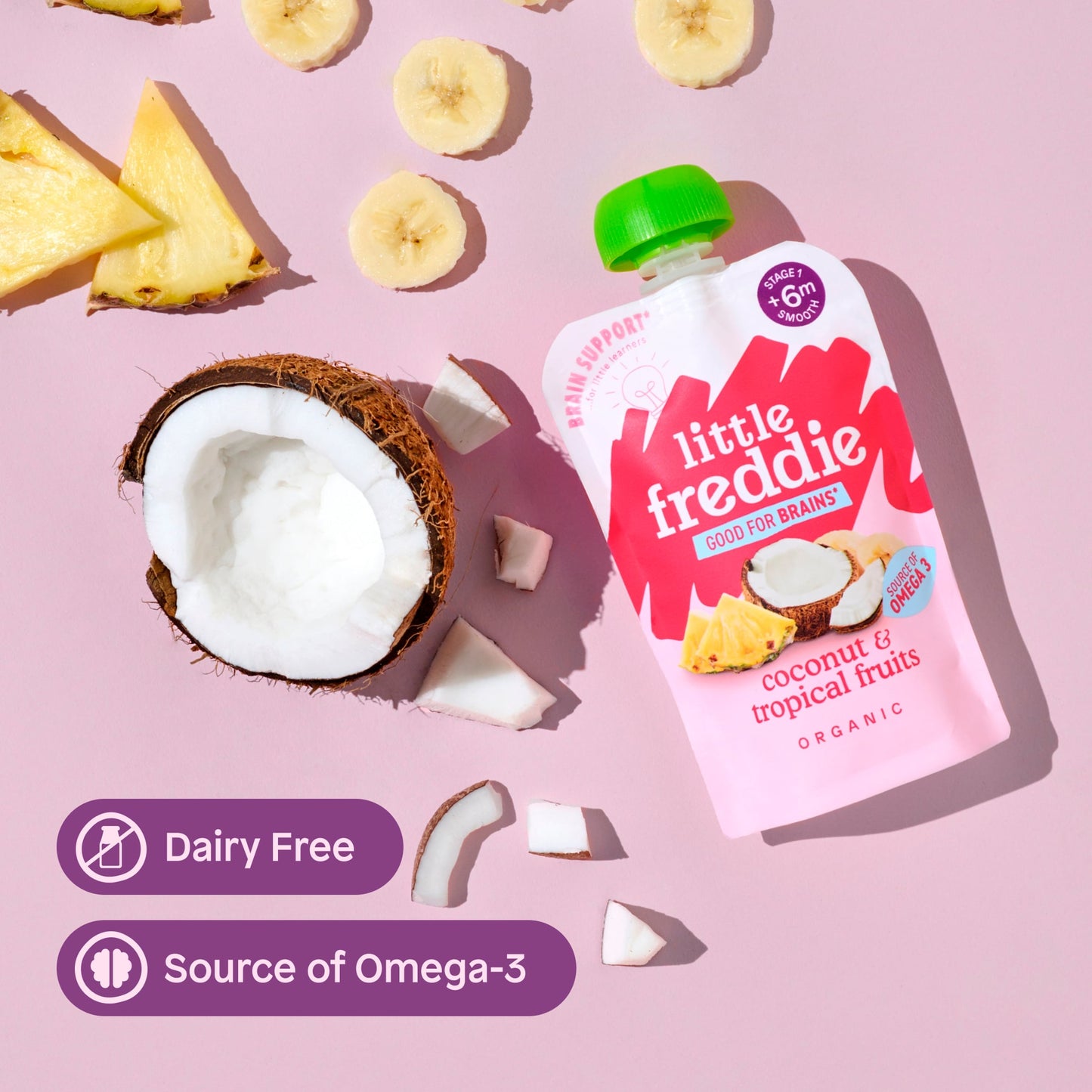 Little Freddie Organic Good for Brains Coconut & Tropical Fruits Baby Food Pouch with Omega 3 6+ Months 90g — image 5