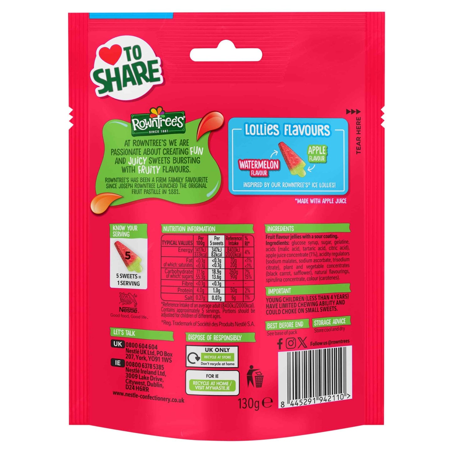 ROWNTREES Sour Watermelon Flavour Lollies 130g