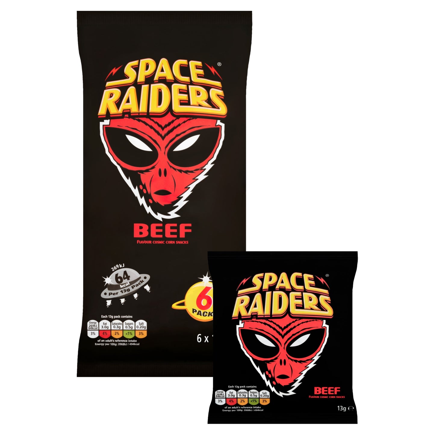 SPACE RAIDERS Beef Multipack Crisps 6x13g 6x13g pack shot