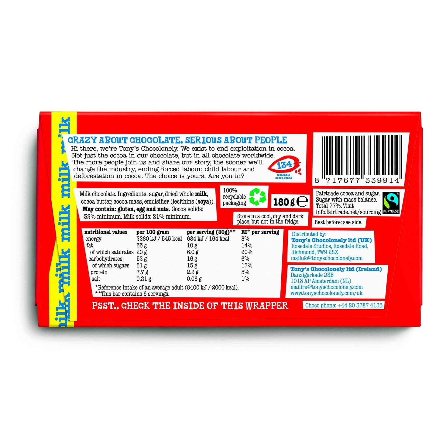 TONY'S Chocolonely Milk Chocolate 180g