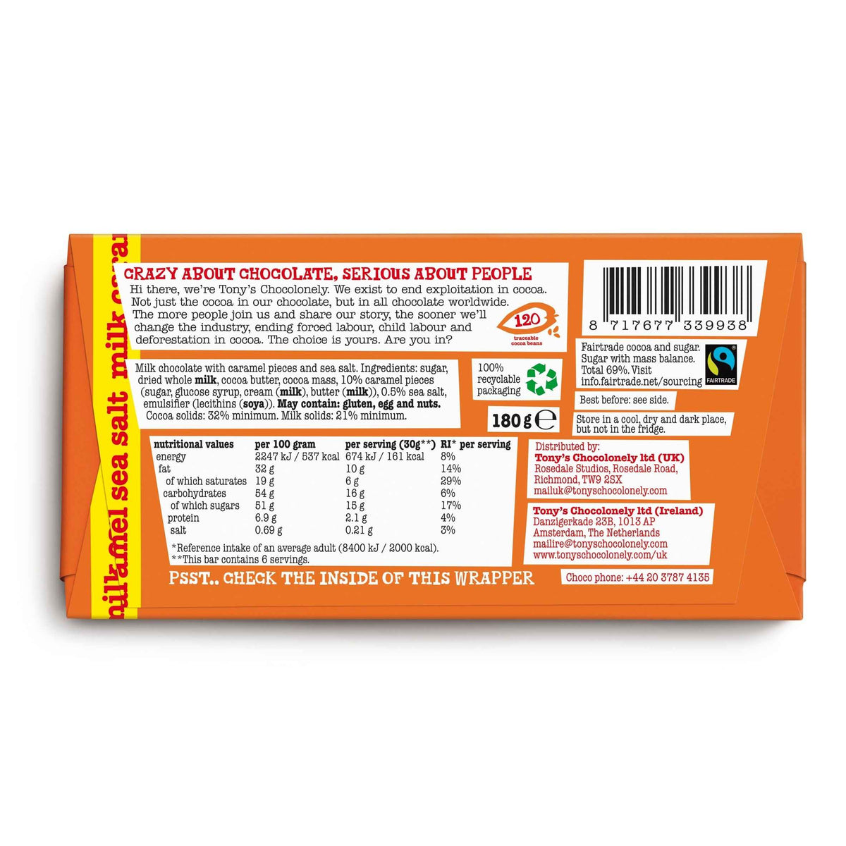 TONY'S Chocolonely Milk Chocolate Caramel Sea Salt 180g 180g pack shot