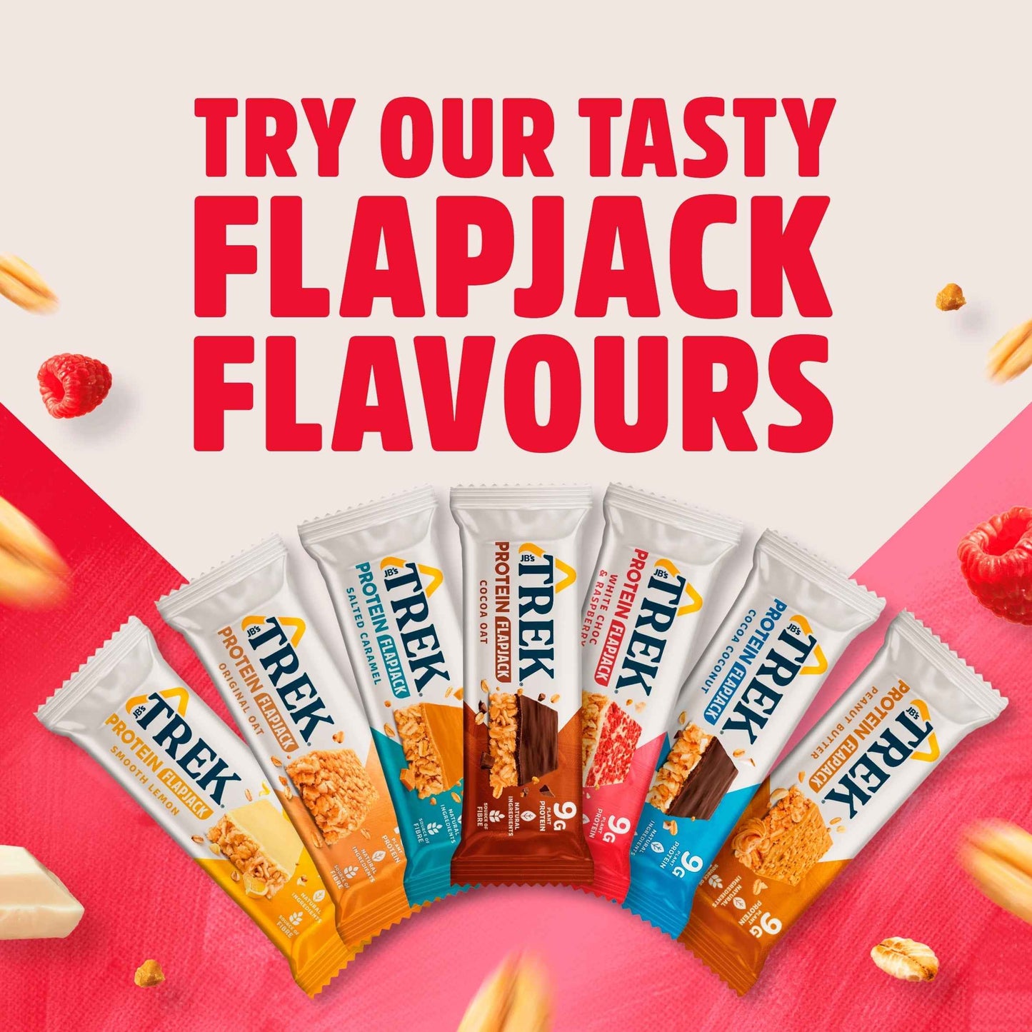 TREK White Choc & Raspberry Protein Flapjacks 3x50g pack shot
