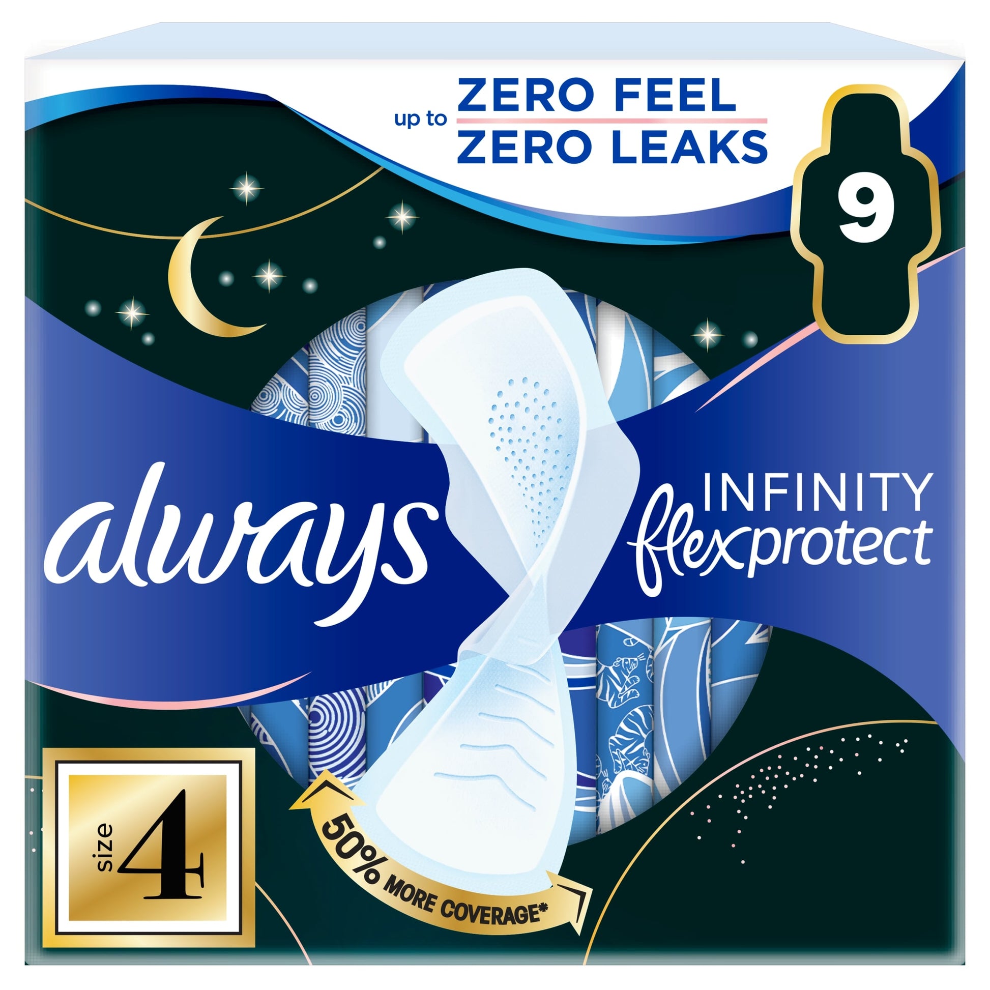 Always Infinity Flex Protect 9 Night Extra Sanitary Pads With Wings Size 4 — image 1