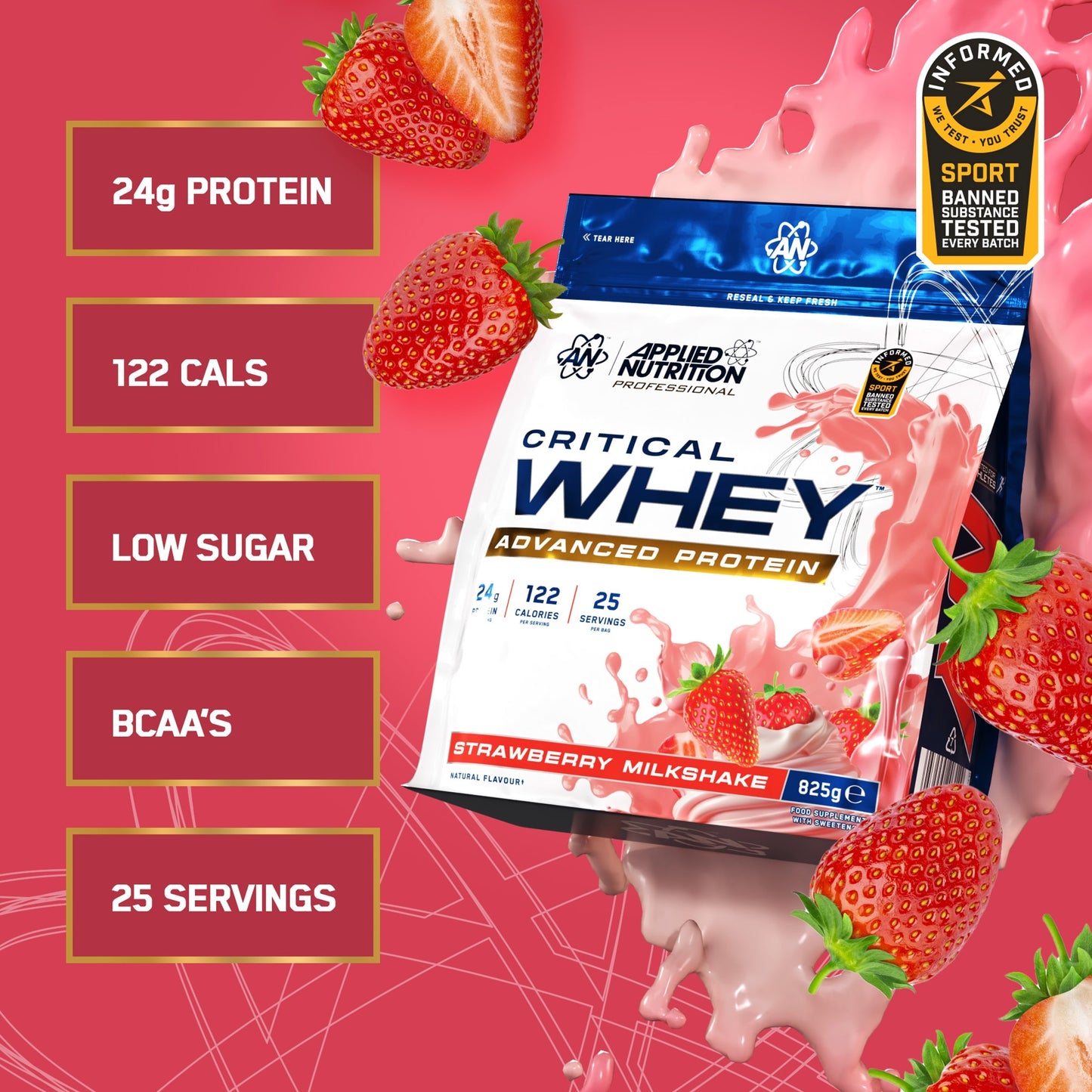 Applied Nutrition Critical Whey Protein Powder Strawberry Milkshake 825g — image 2