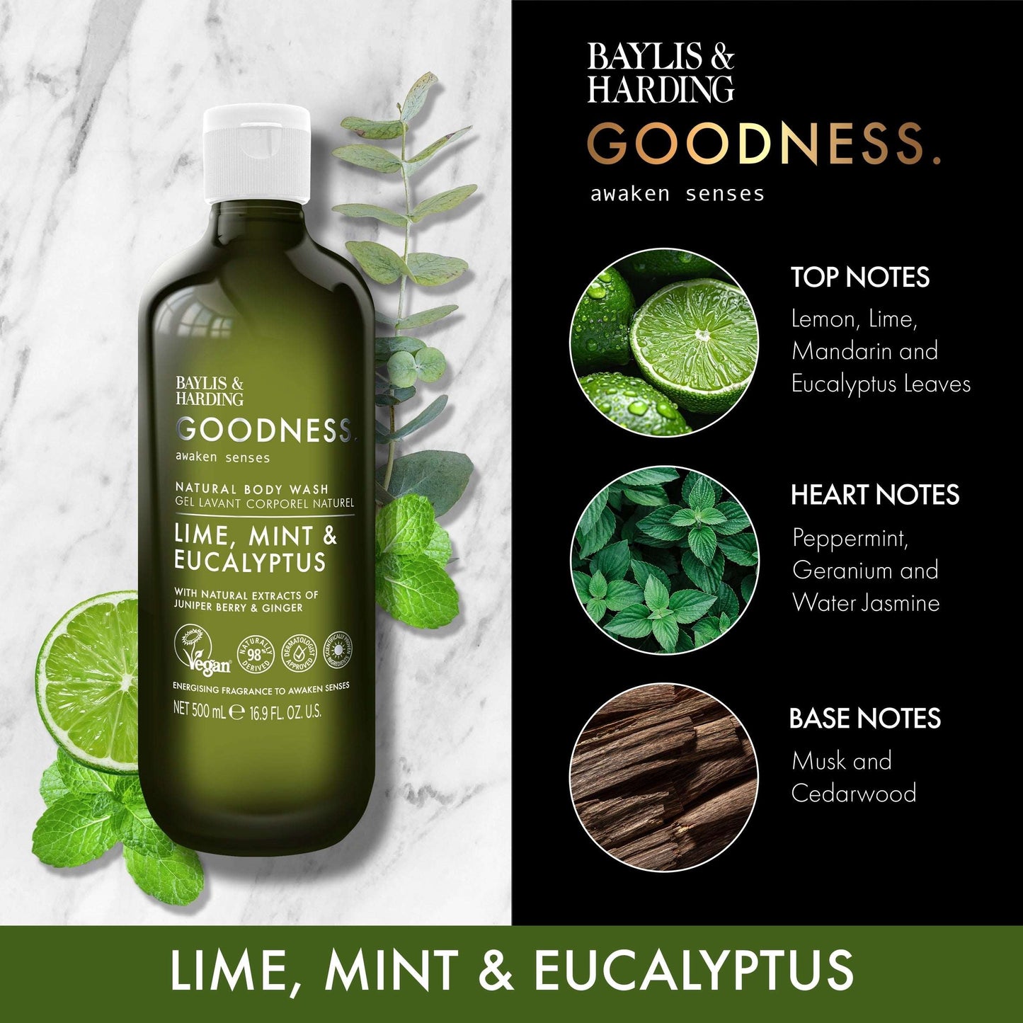 Baylis & Harding Goodness Awaken Lime, Mint & Eucalyptus Body Wash 500ml — image 4