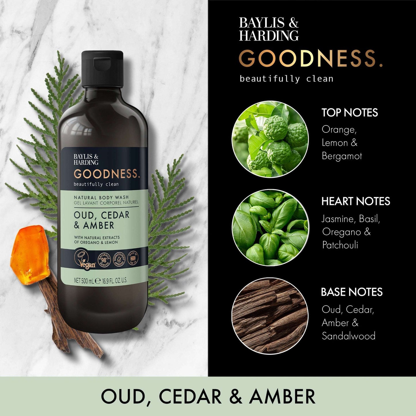 Baylis & Harding Goodness Natural Body Wash - Oud, Cedar & Amber 500ml — image 2