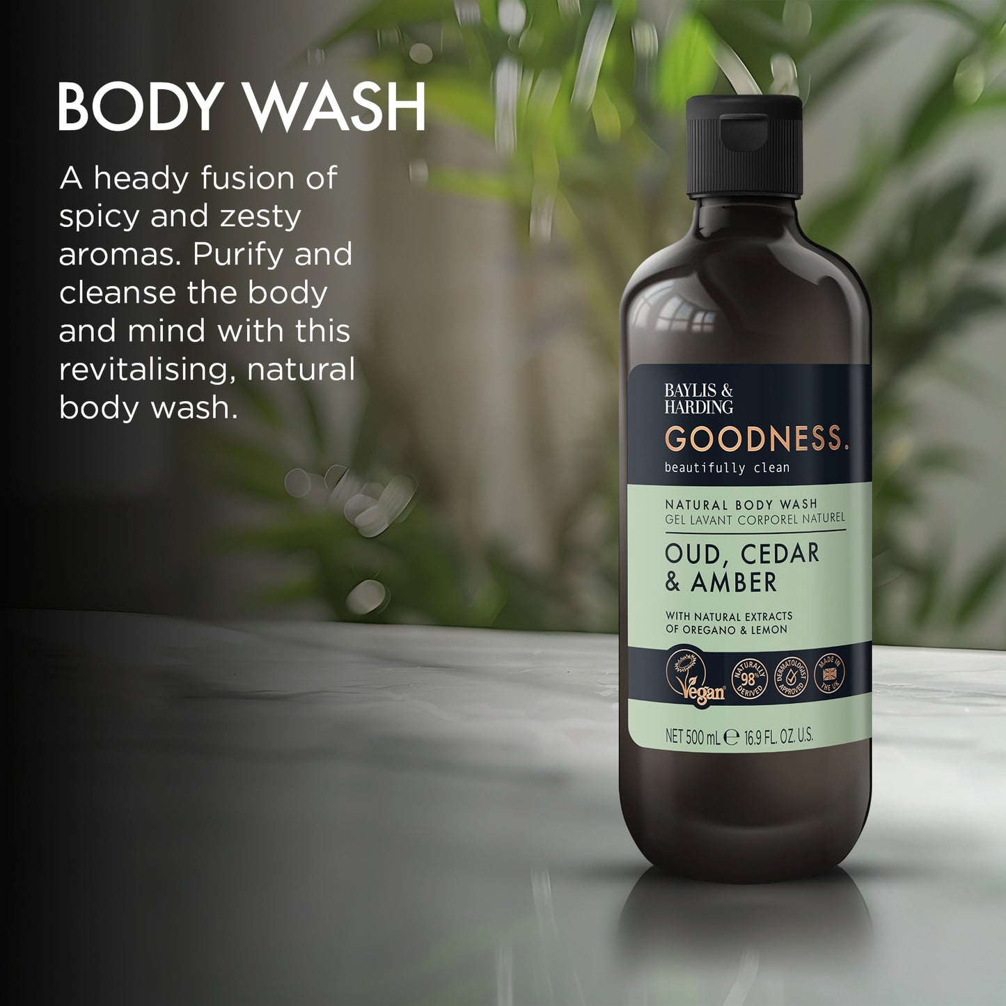 Baylis & Harding Goodness Natural Body Wash - Oud, Cedar & Amber 500ml — image 3