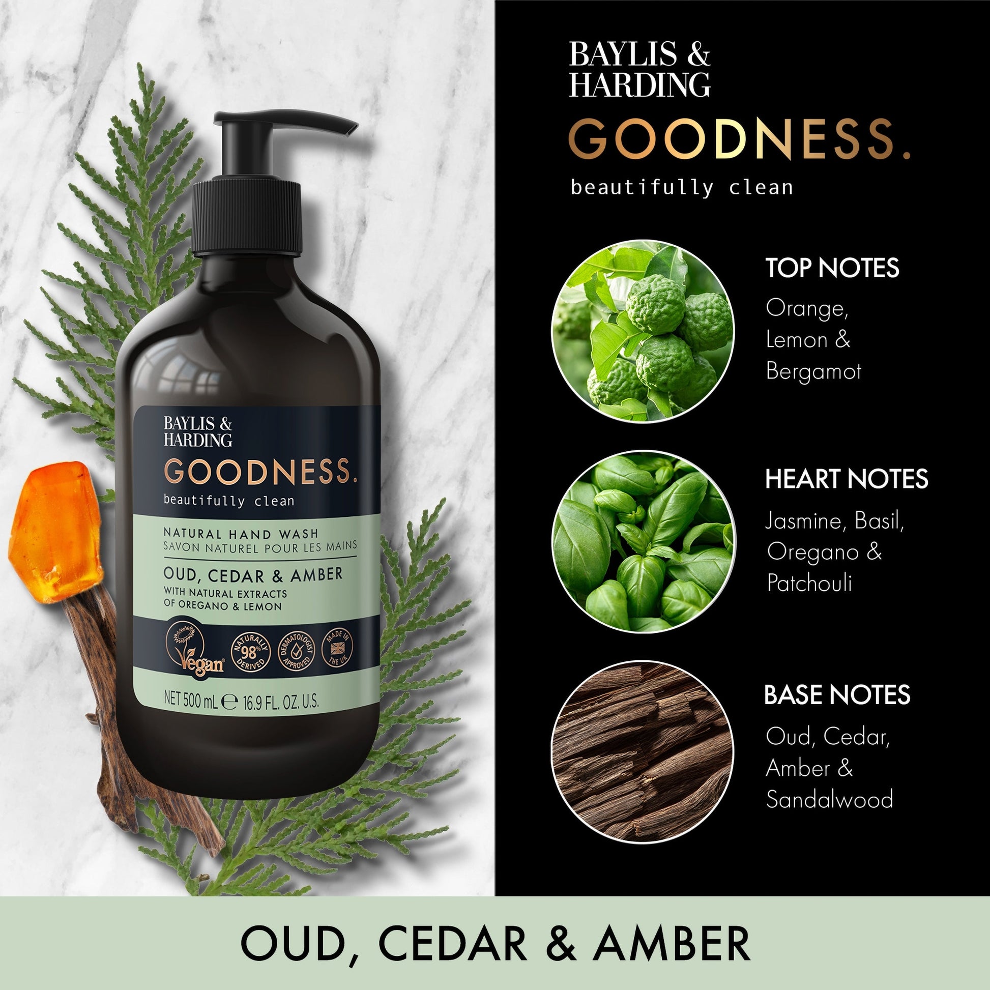 Baylis & Harding Goodness Natural Hand Wash - Oud, Cedar & Amber 500ml — image 2