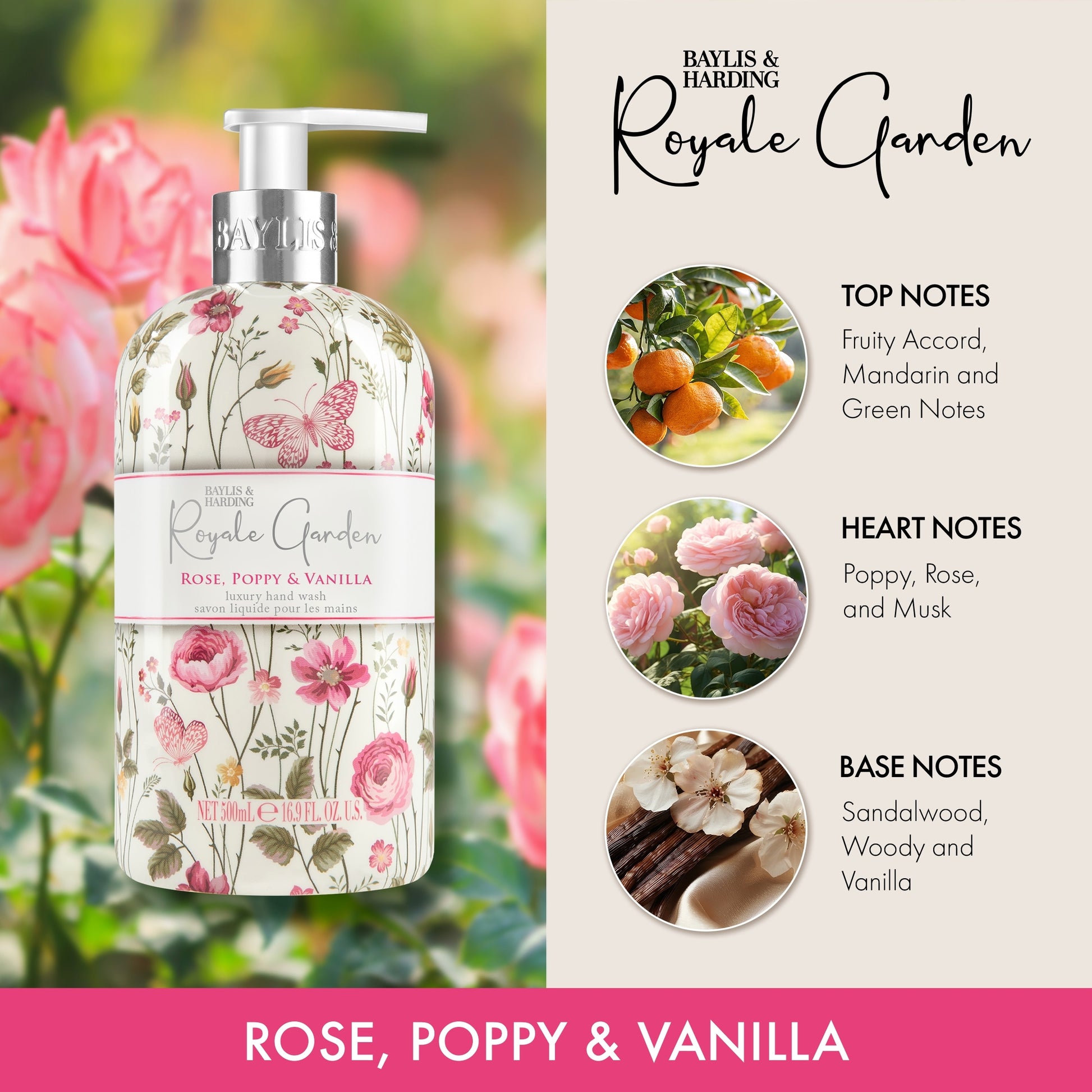 Baylis & Harding Royale Garden Rose Poppy & Vanilla Hand Wash 500ml — image 2