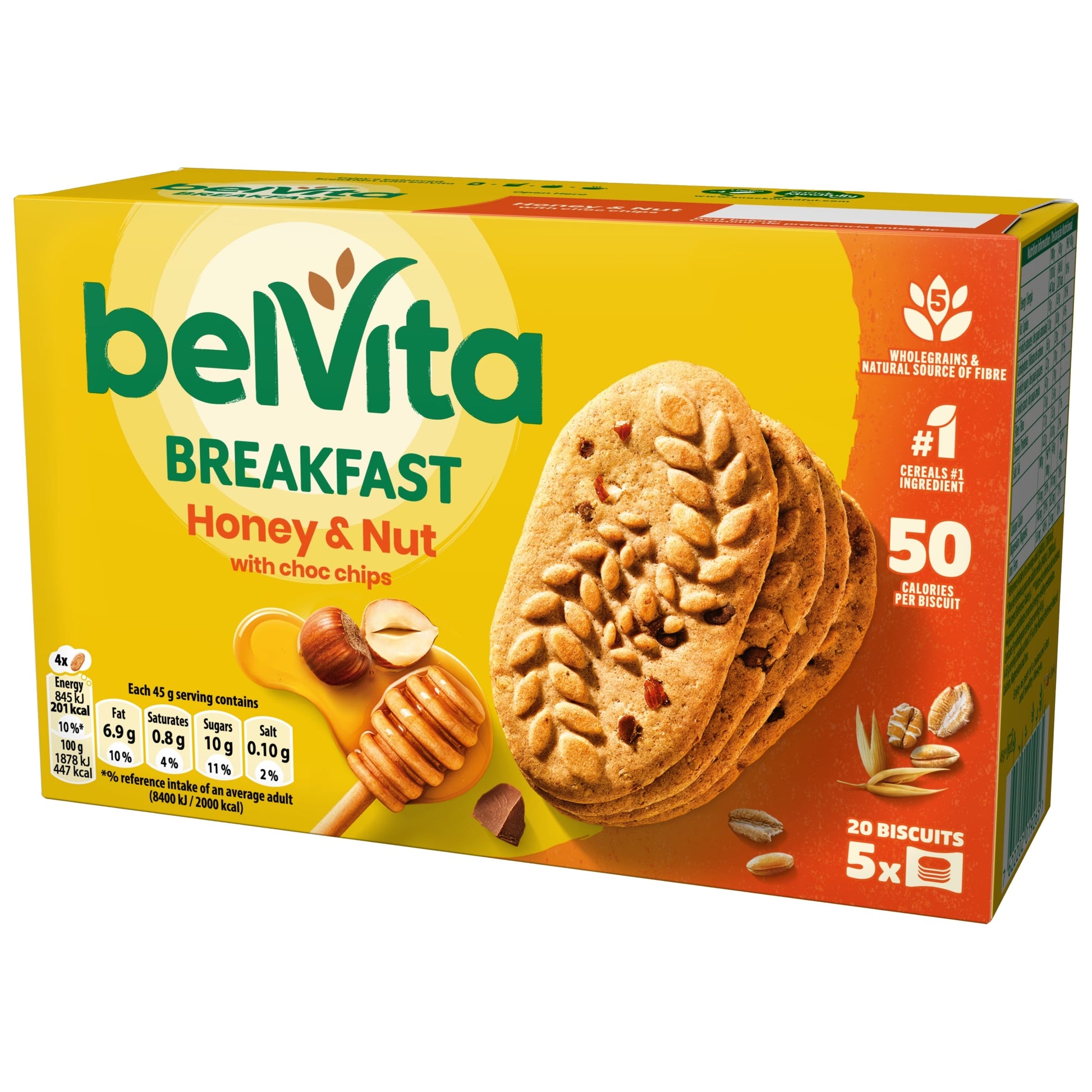 Belvita Breakfast Honey & Nut with Chocolate Chip Cereal Biscuit Snack Bars Pack 5 x 45g — image 5
