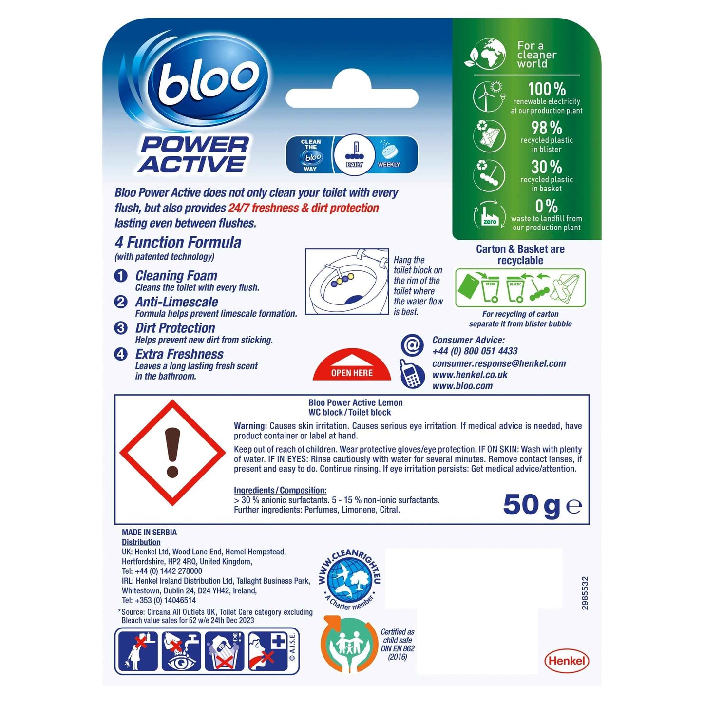 BLOO Power Active Lemon Toilet Rim Block 50g