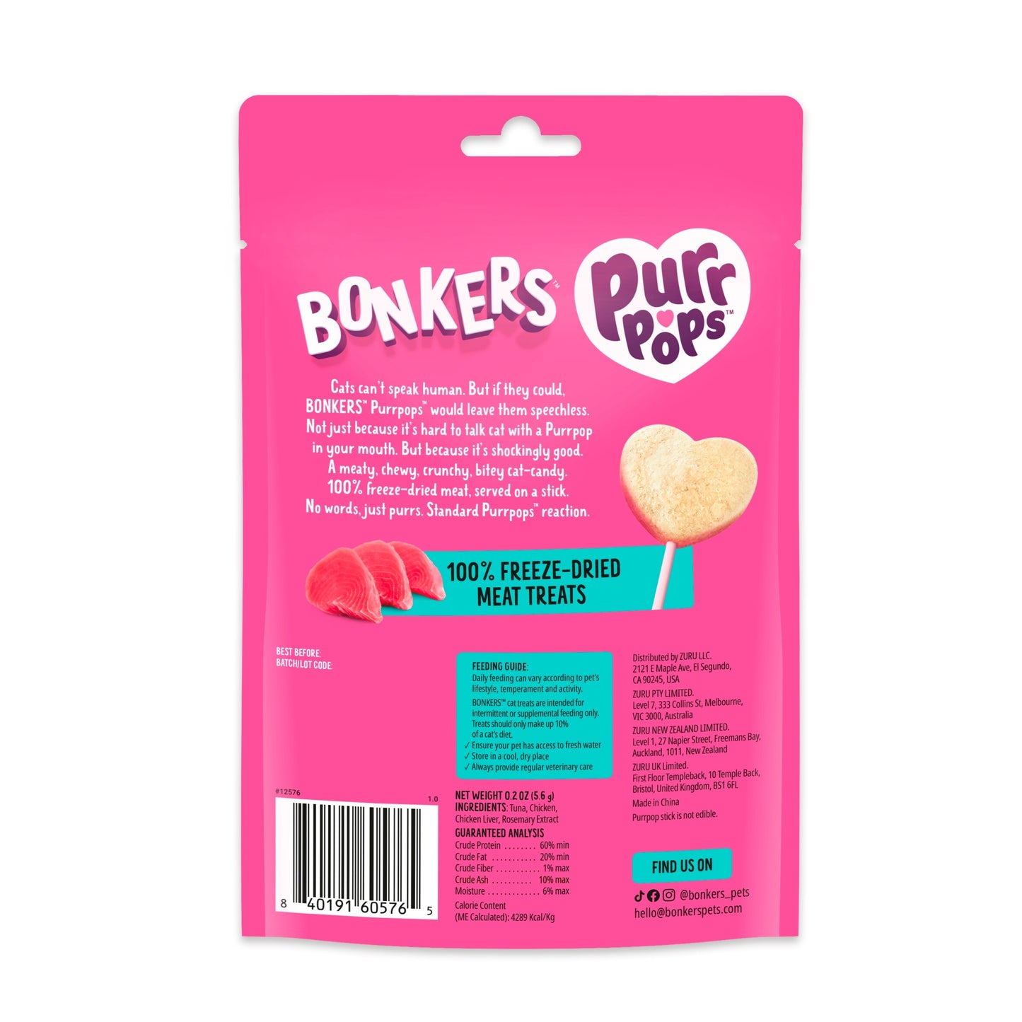 Bonkers Purrpops Freeze-Dried Cat Treats - Tip Top Tuna 4 Pack 5.6g — image 2
