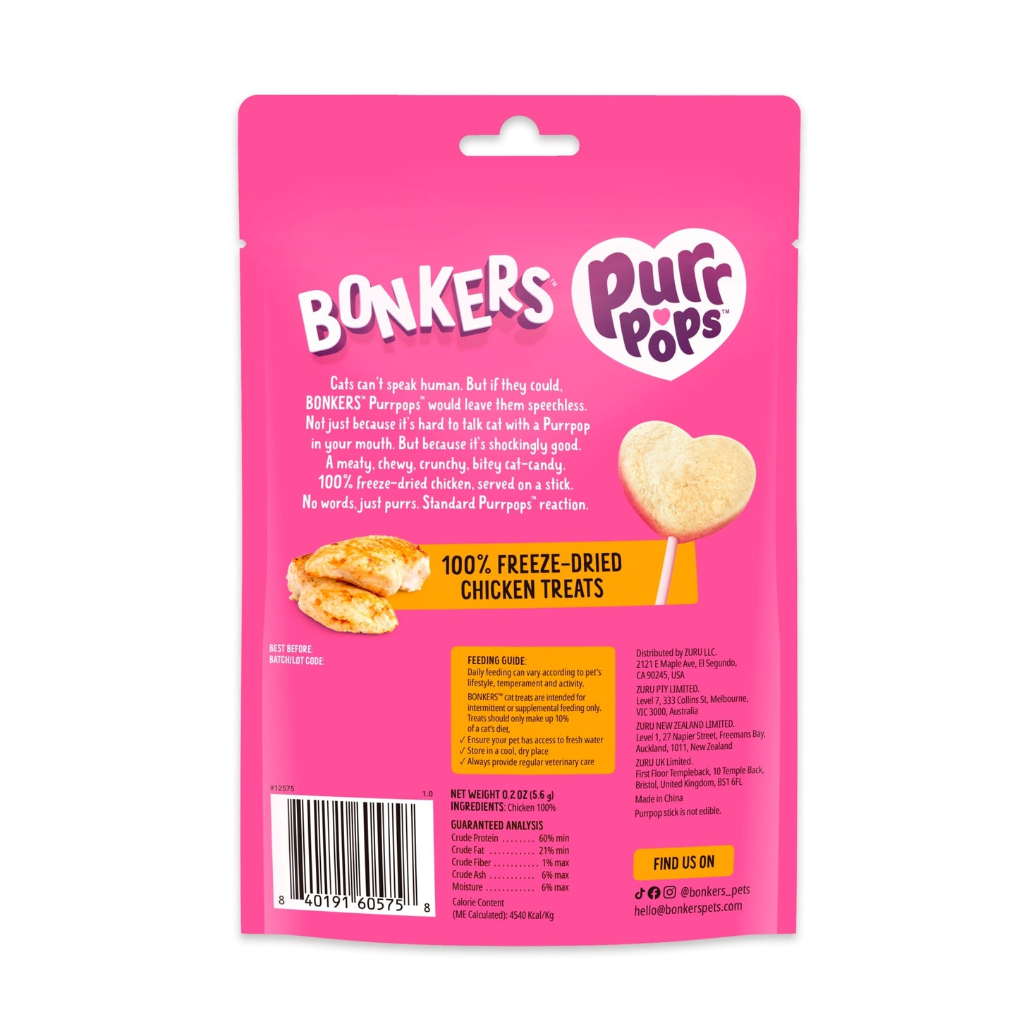 Bonkers Purrpops Freeze Dried Chicky Licks Chicken Cat Treats 4 Pack 5.6g — image 2
