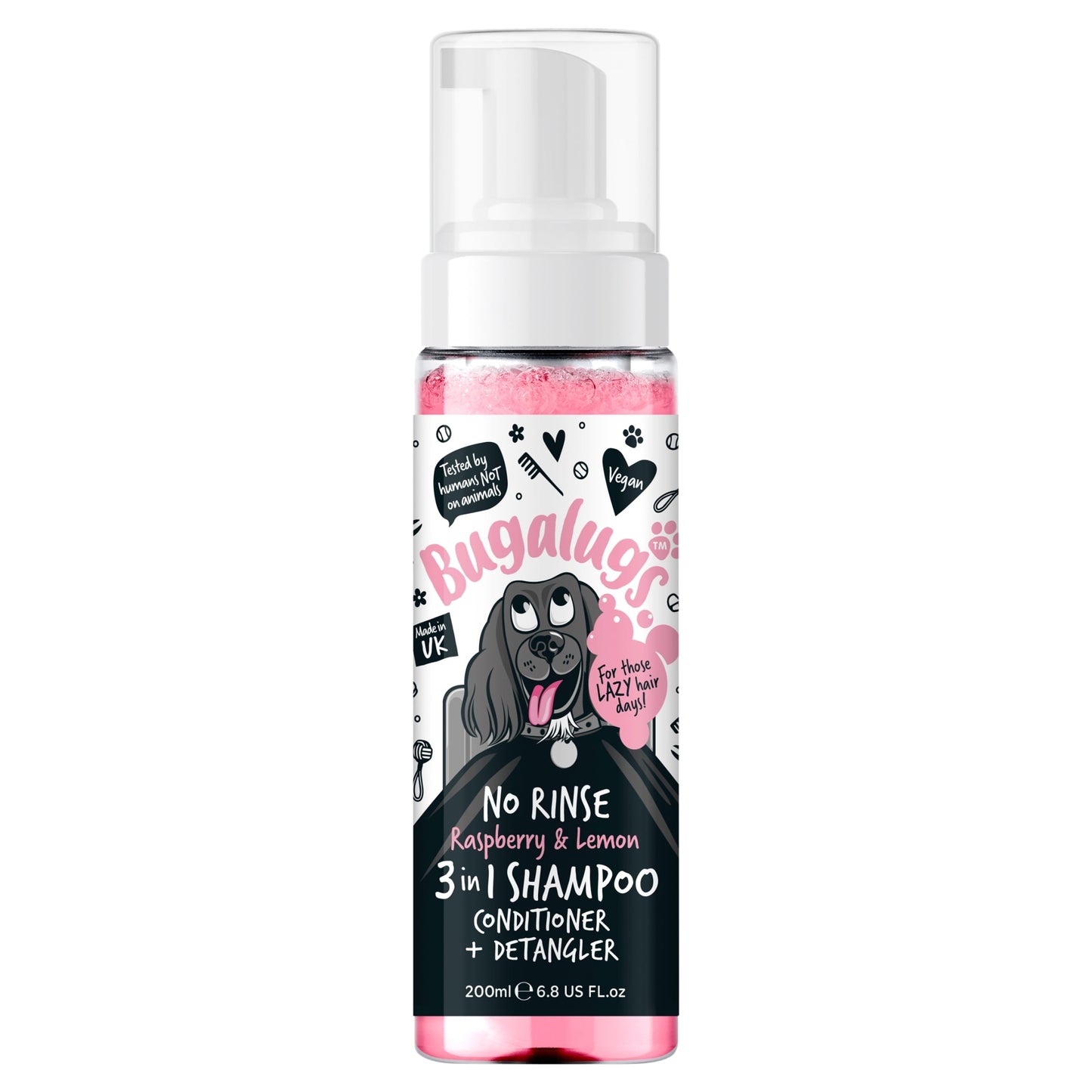 Bugalugs No Rinse 3 in 1 Dog Shampoo, Conditioner & Detangler with Raspberry & Lemon 200ml — image 1
