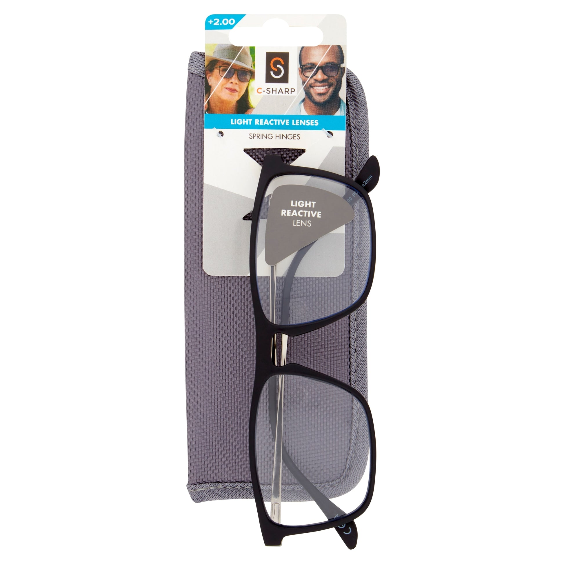 C-Sharp Light Reactive Lenses Reading Glasses & Case +2.0 — image 1