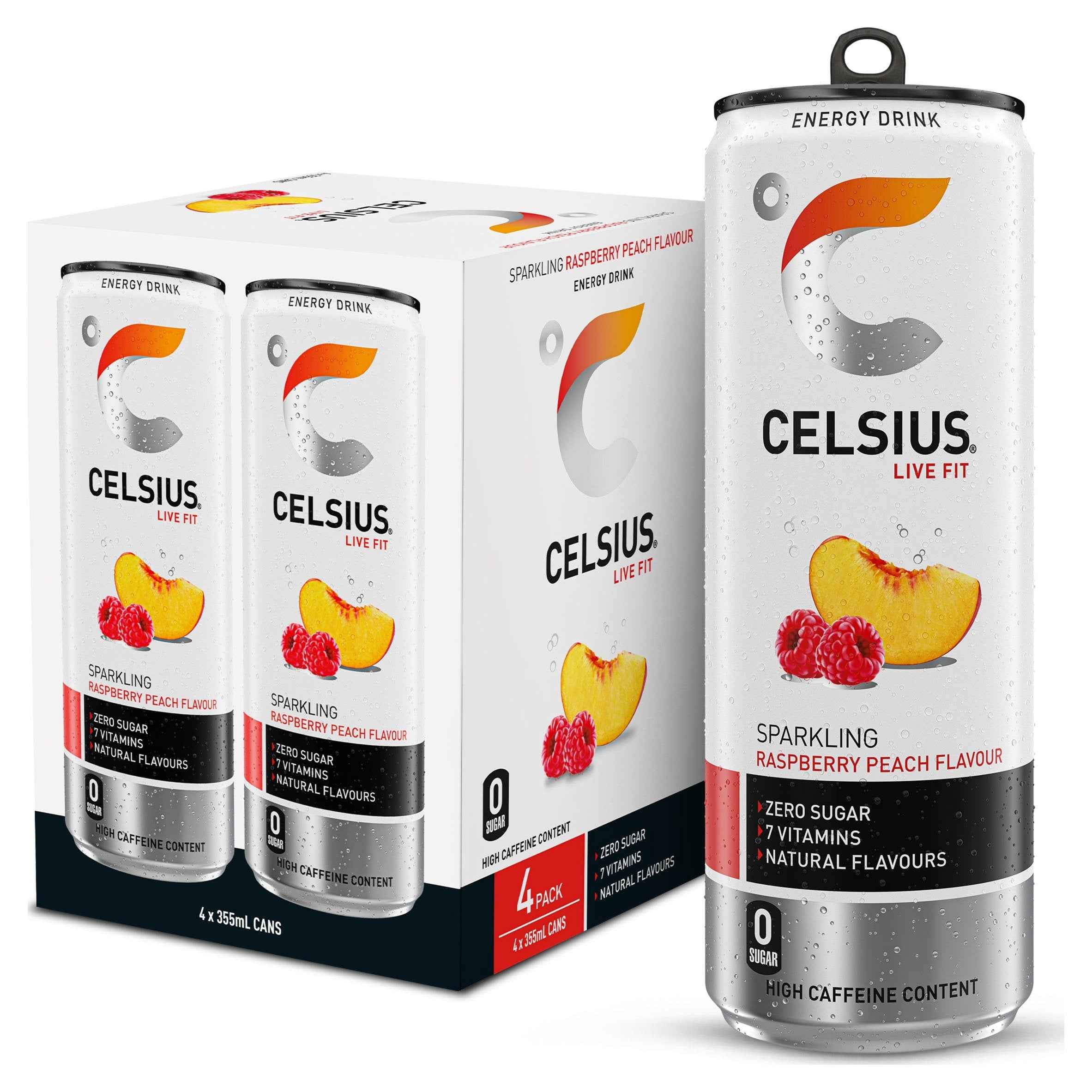CELSIUS Live Fit Sparkling Raspberry Peach Flavour Zero Sugar Energy ...
