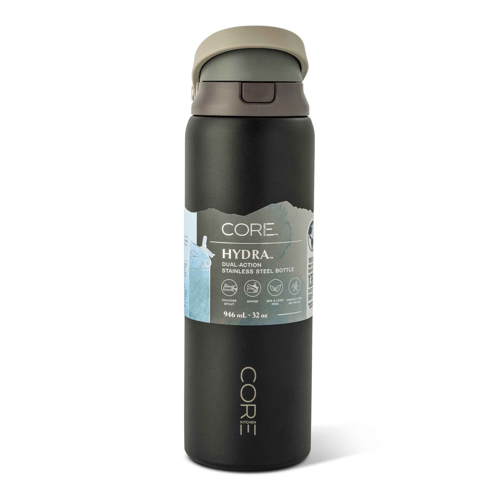 CORE KITCHEN Black Hydra Dual Function Water Bottle 946ml