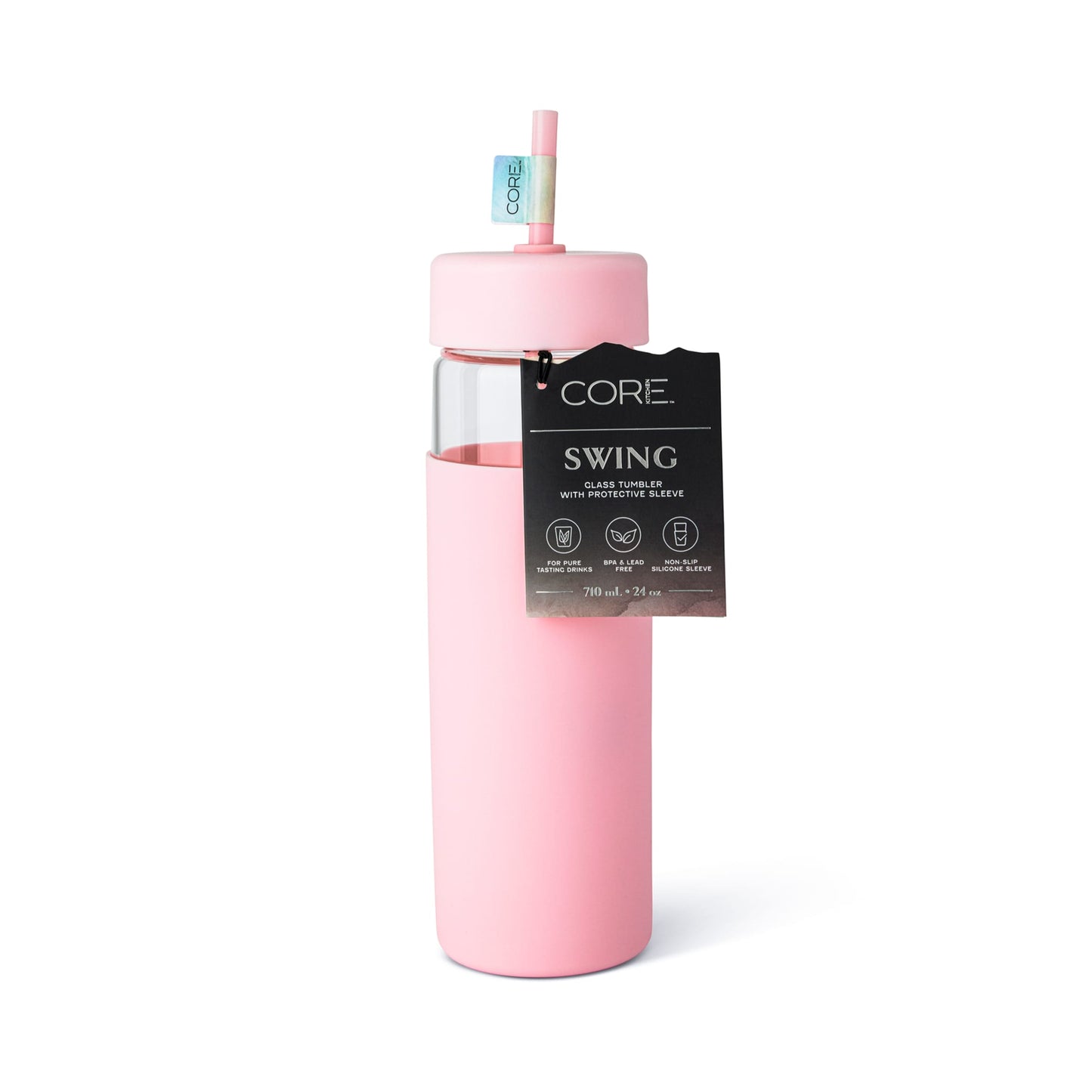 Core Kitchen Swing Glass Water Bottle Tumbler With Straw Pink 710ml — image 1
