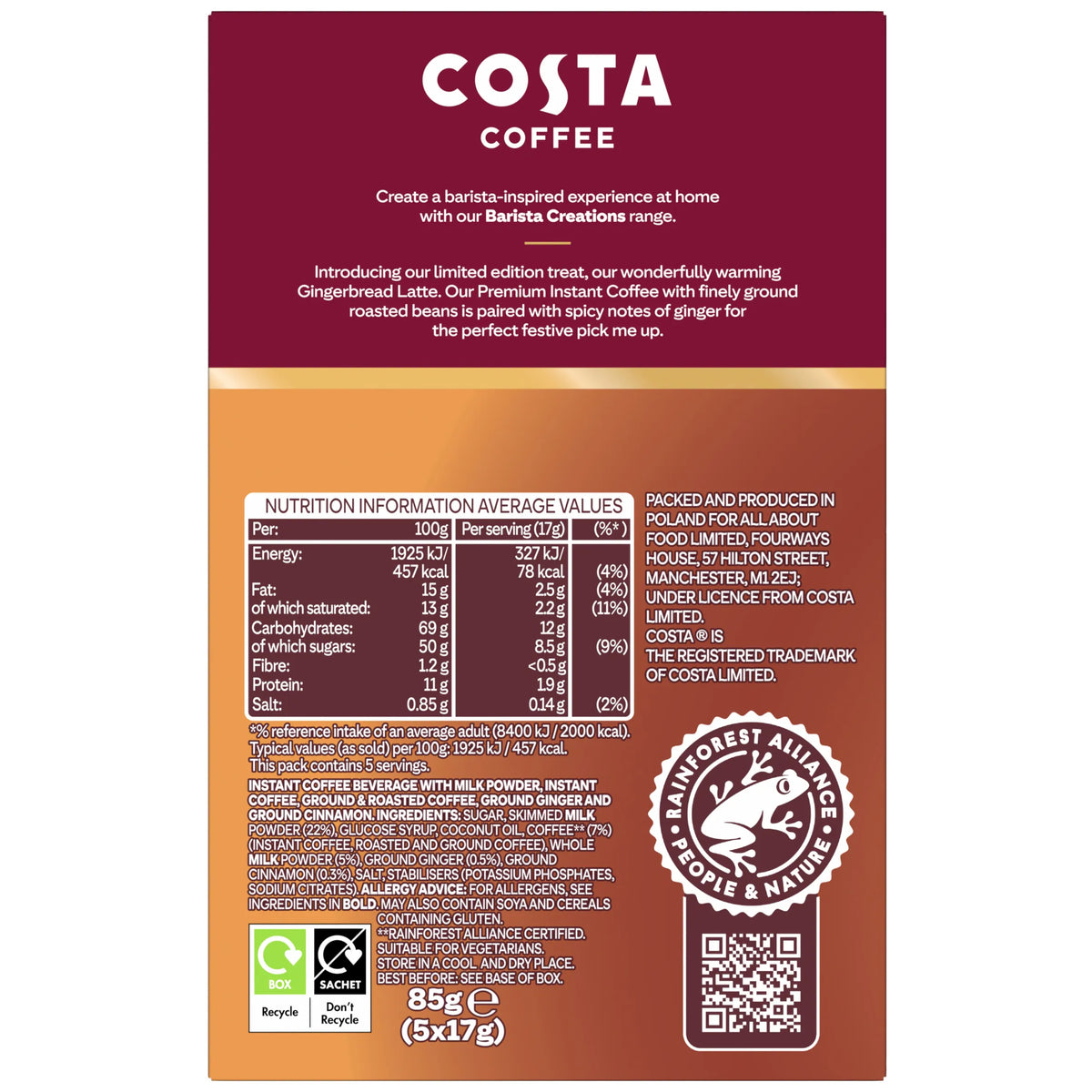 Costa Limited edition Gingerbread Latte Coffee Sachets 5x17g — image 4