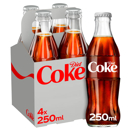 Diet Coke Soft Drink Glass Bottles 4 x 250 mL — image 1