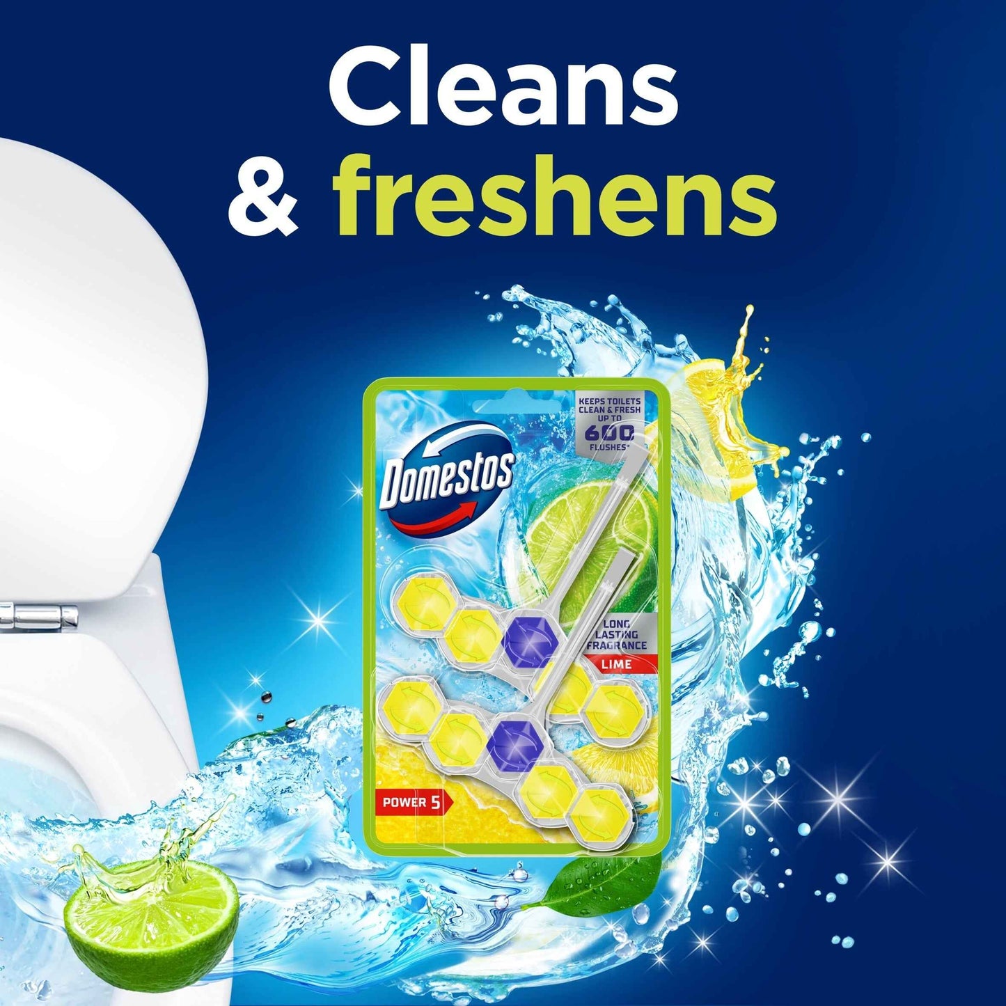 Domestos Power 5 Toilet Rim Block Freshener Lime 2x 50g