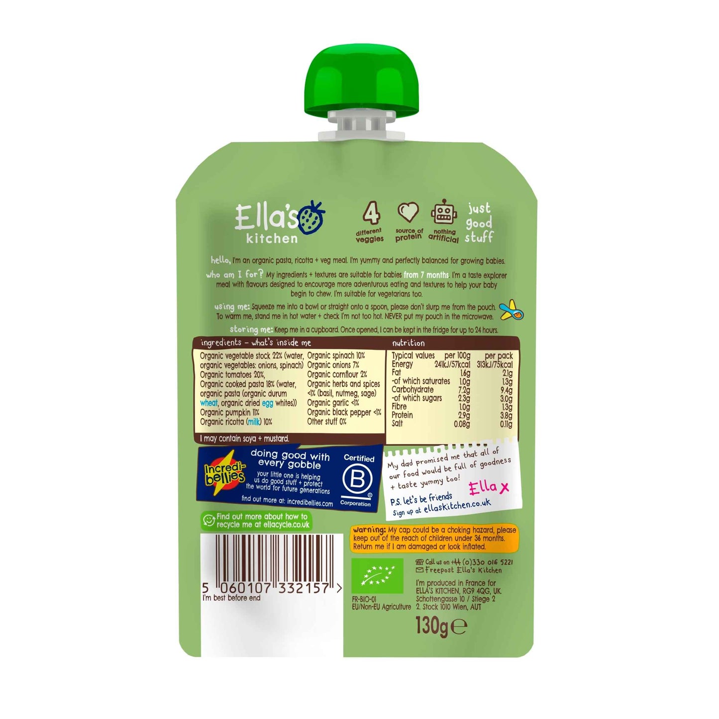 Ella's kitchen Organic Spinach And Ricotta Pasta Baby Pouch 7+ Months