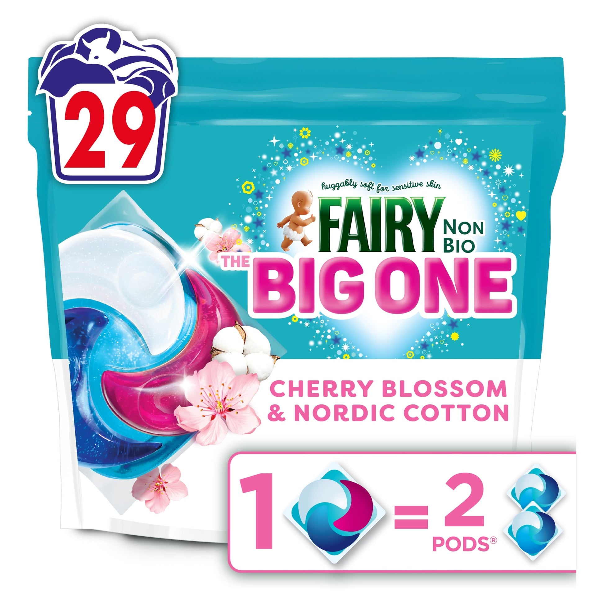 Fairy Non Bio The Big One Cherry Blossom & Nordic Cotton Washing Liquid Pods 29 Washes 1151.3g — image 1