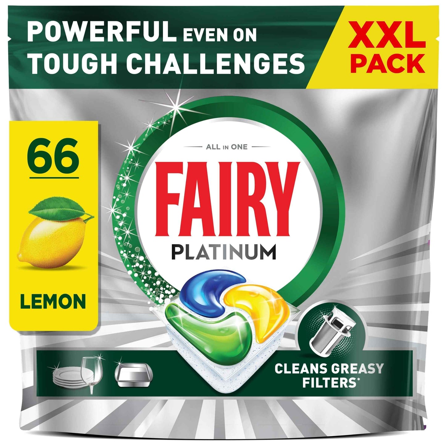 FAIRY Platinum All In One Dishwasher Lemon Xxl Pack 66 Capsules 983g