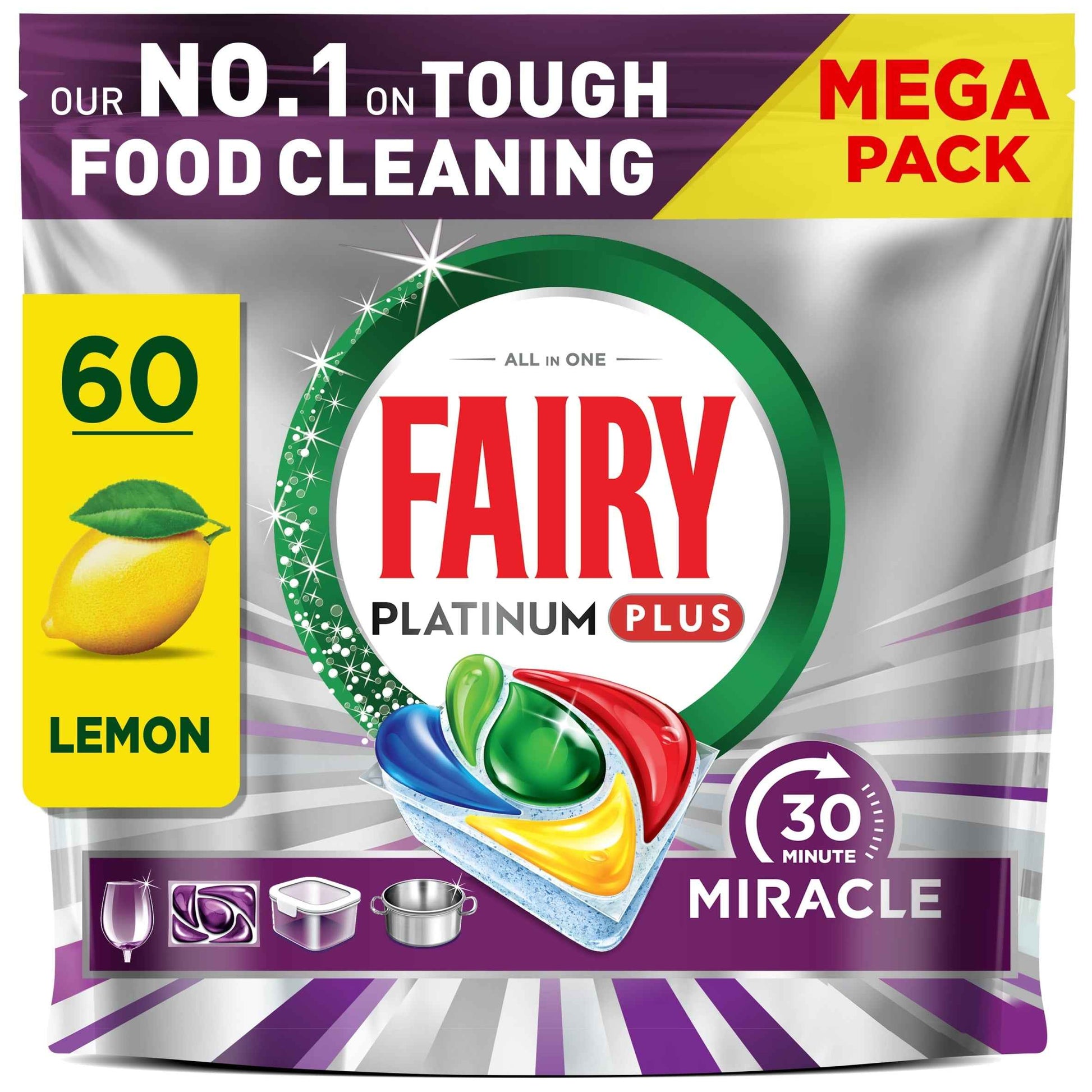 FAIRY Platinum Plus 30 Minute Miracle Lemon 60 Dishwasher Tablets 988g