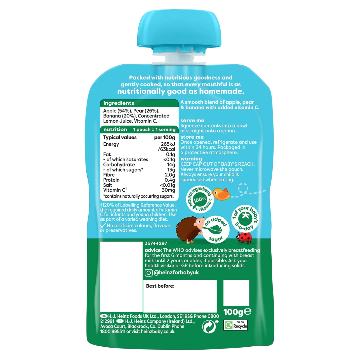 Heinz Apple, Pear & Banana Fruit Puree Pouch Baby Food 100g — image 2