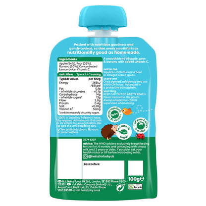 Heinz Apple, Pear & Banana Fruit Puree Pouch Baby Food 100g — image 2