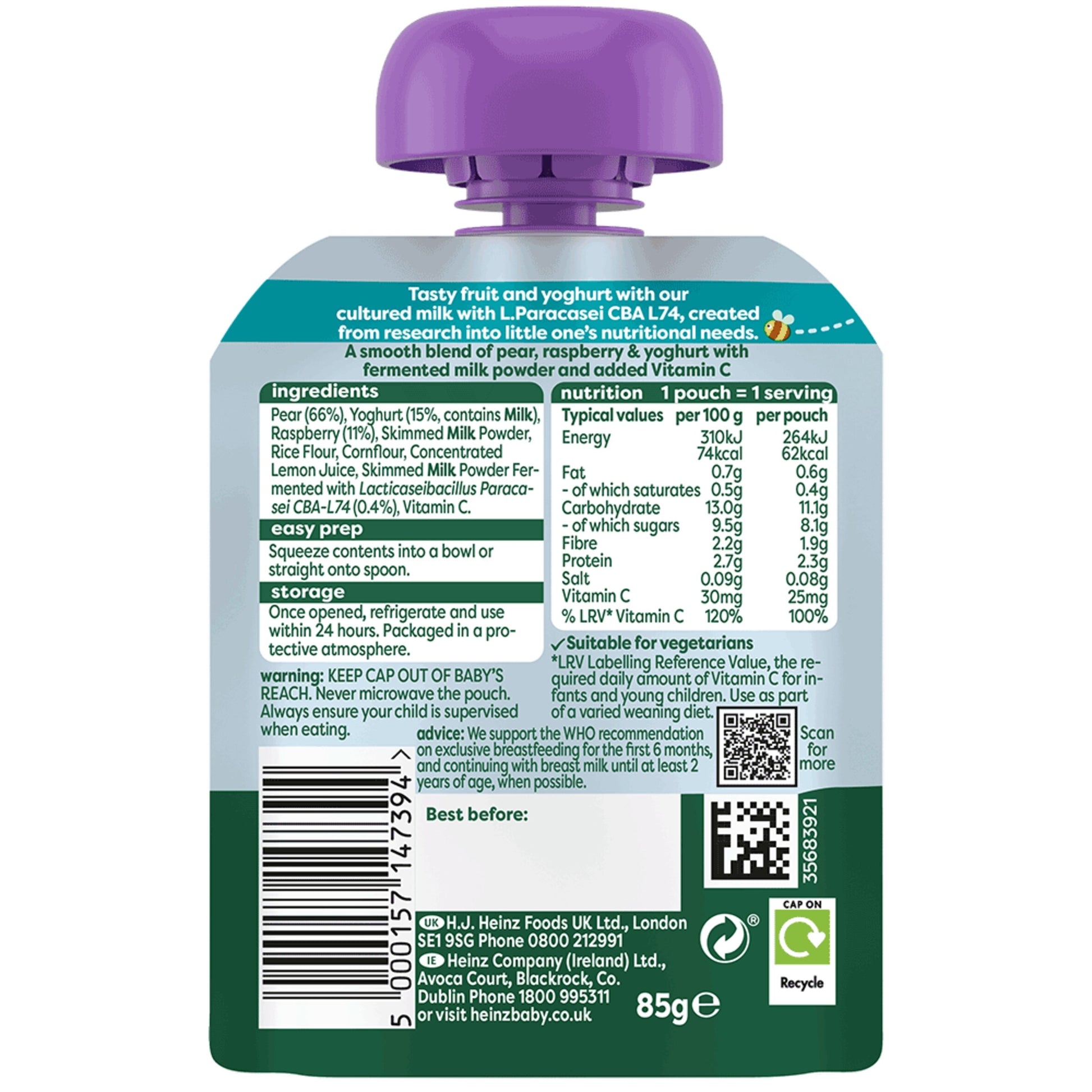 Heinz Immunity Support Baby Food Pear, Raspberry & Yoghurt 85g — image 2