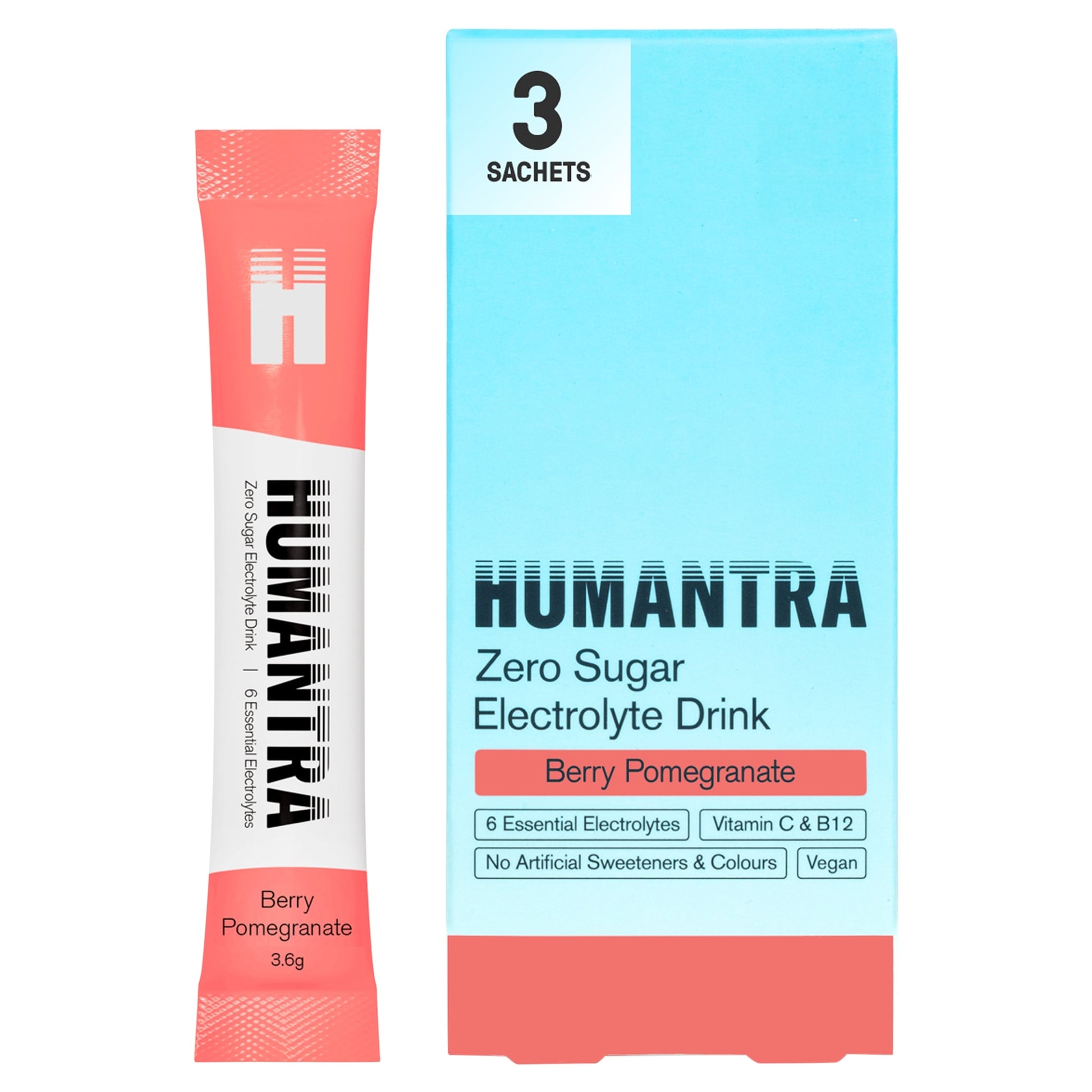 Humantra Berry Pomegranate Zero Sugar Electrolyte Drink 3 x 3.6g Sachets — image 1