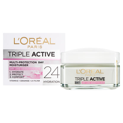 L'Oreal Paris Triple Active Day Moisturiser Dry and Sensitive Skin 50ml — image 2