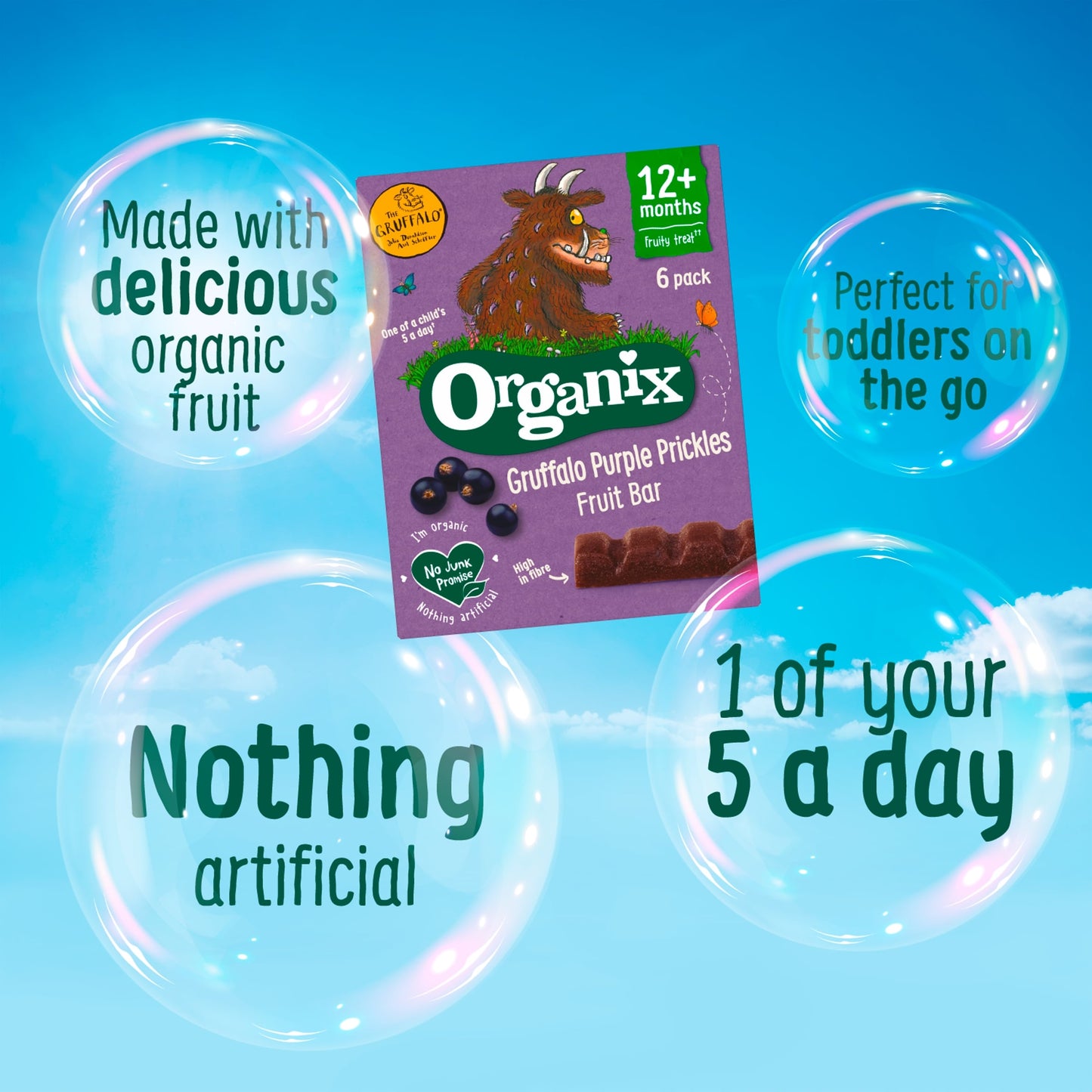 Organix Gruffalo Purple Prickles Blackcurrant & Date Organic Fruit Bars Toddler Snack Multipack 6 x 17g — image 2