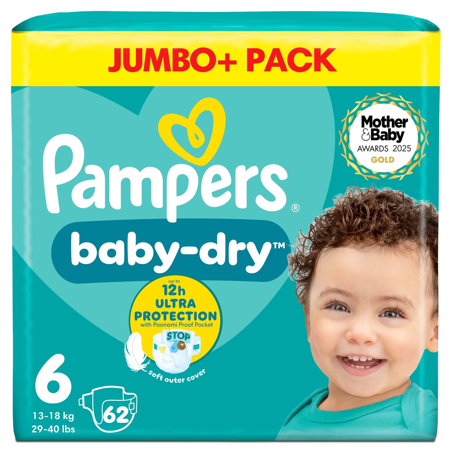 Pampers Baby Dry 6 Jumbo+ 62 Nappies — image 1