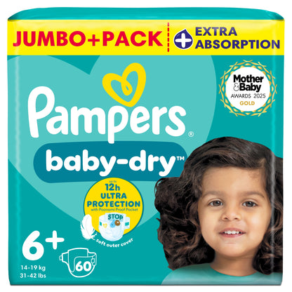 Pampers Baby-Dry Size 6+, 60 Nappies, 14kg-19kg, Jumbo+ Pack — image 1