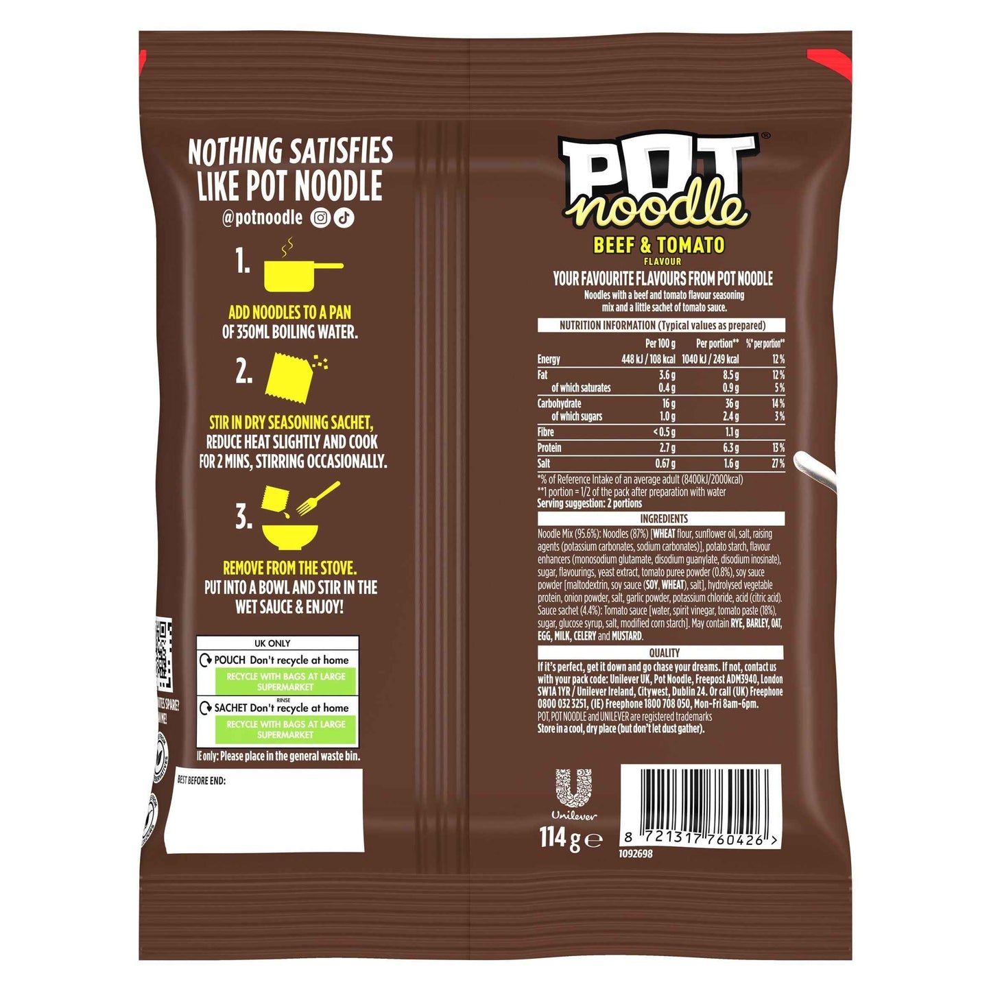 POT NOODLE Beef And Tomato Instant Noodles 114g