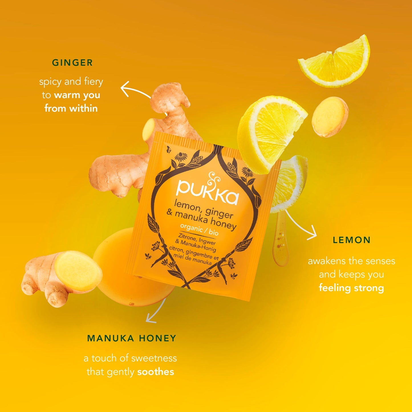 Pukka Organic Lemon, Ginger & a touch of Manuka Honey 40 Immunity Herbal Tea Bags 68g — image 2