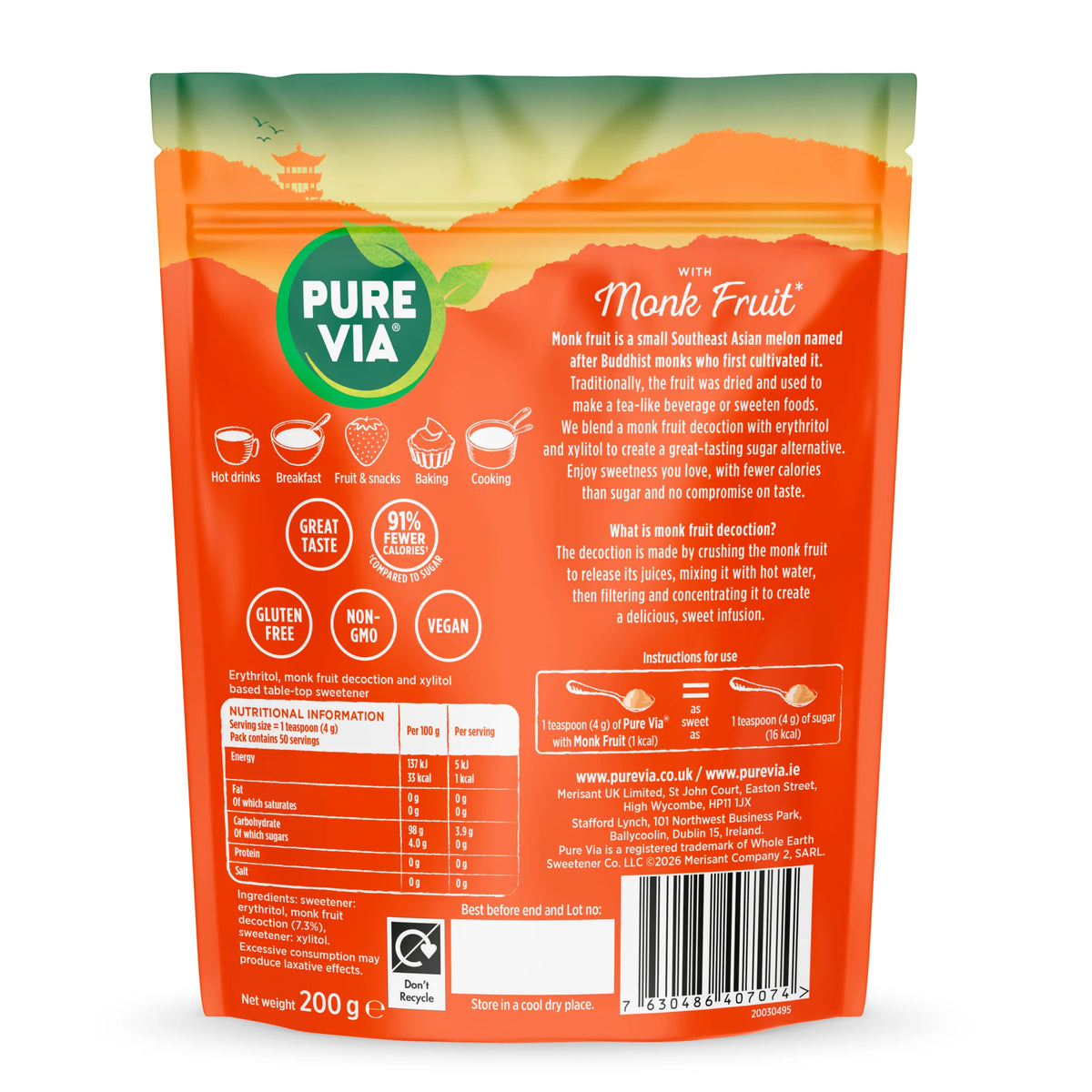 Pure Via Monk Fruit Granulated Sweetener 200g — image 2