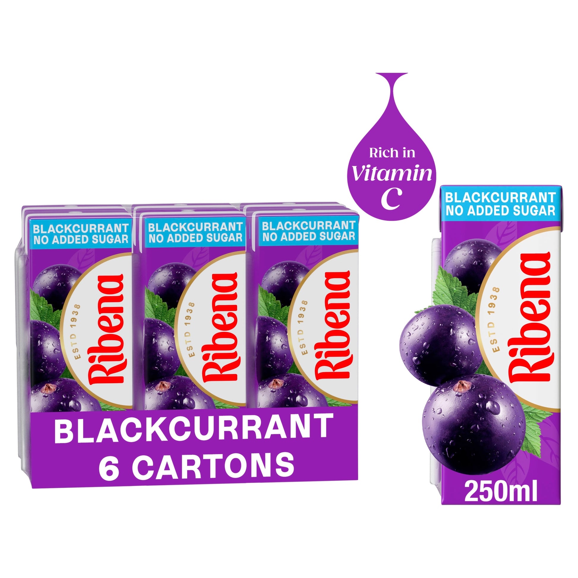 Ribena Blackcurrant Juice Drink Cartons No Added Sugar 6 x 250ml — image 1