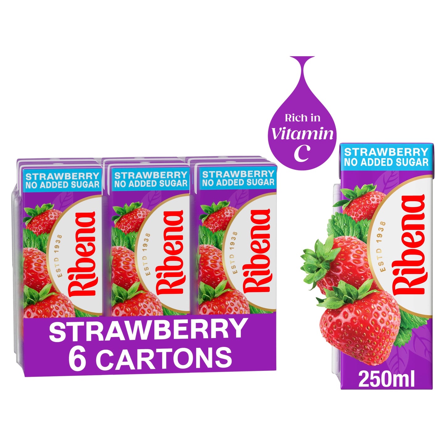 Ribena Strawberry Juice Drink Cartons No Added Sugar 6 x 250ml — image 1