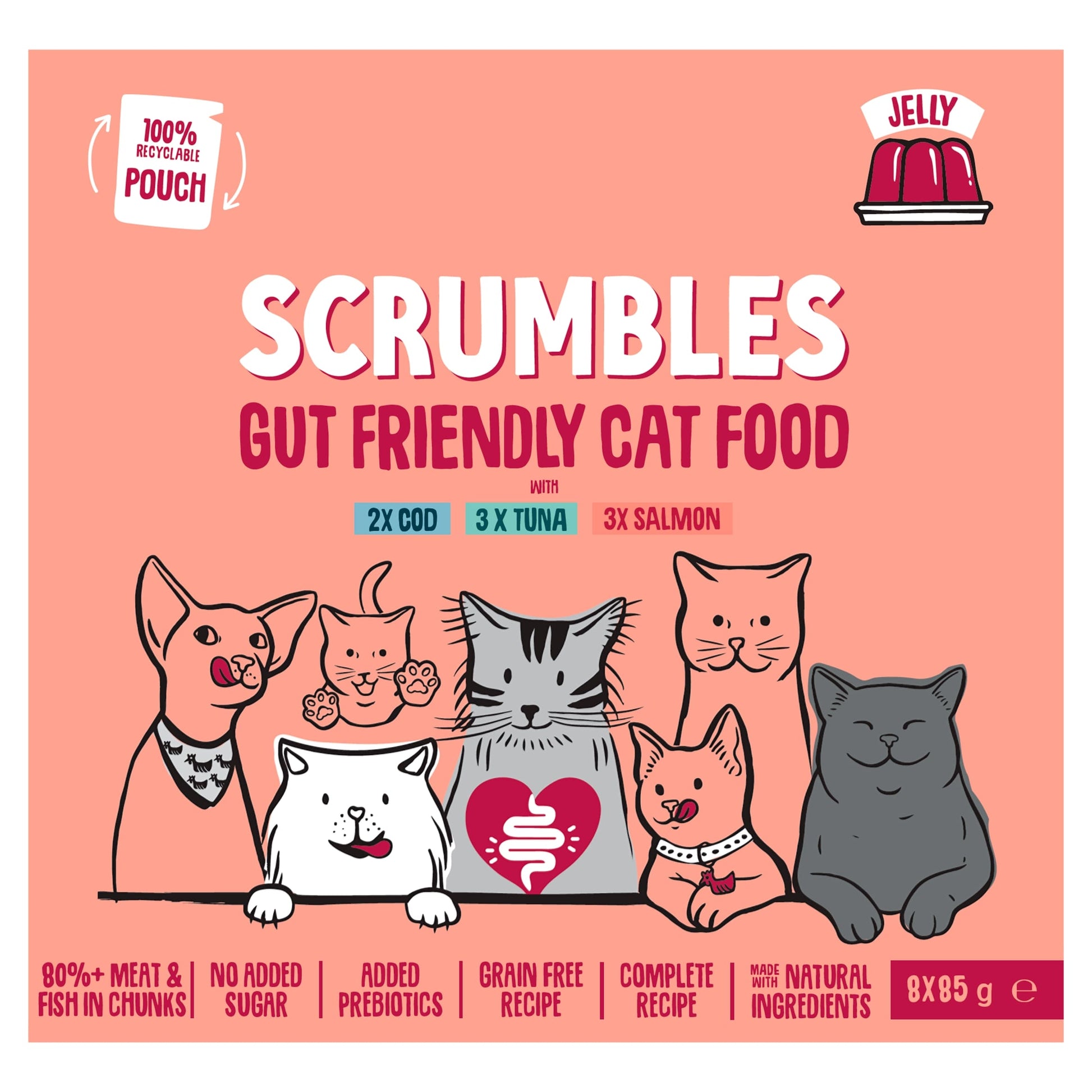 Scrumbles Grain Free Wet Cat Food Fish Selection Jelly Recyclable Pouch 8x85g — image 1