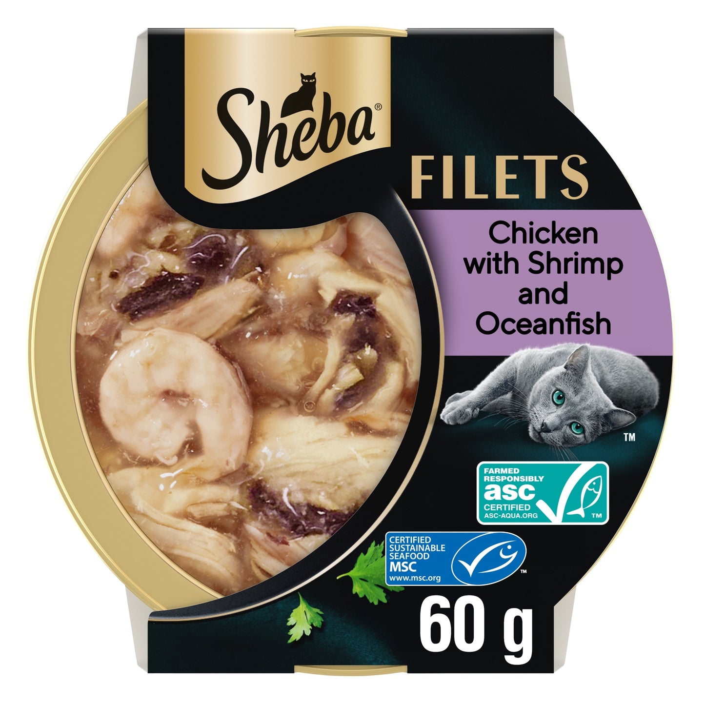 SHEBA Filets Adult Cat Food Tray with Chicken, Fish & Shrimp in Gravy 60g — image 1